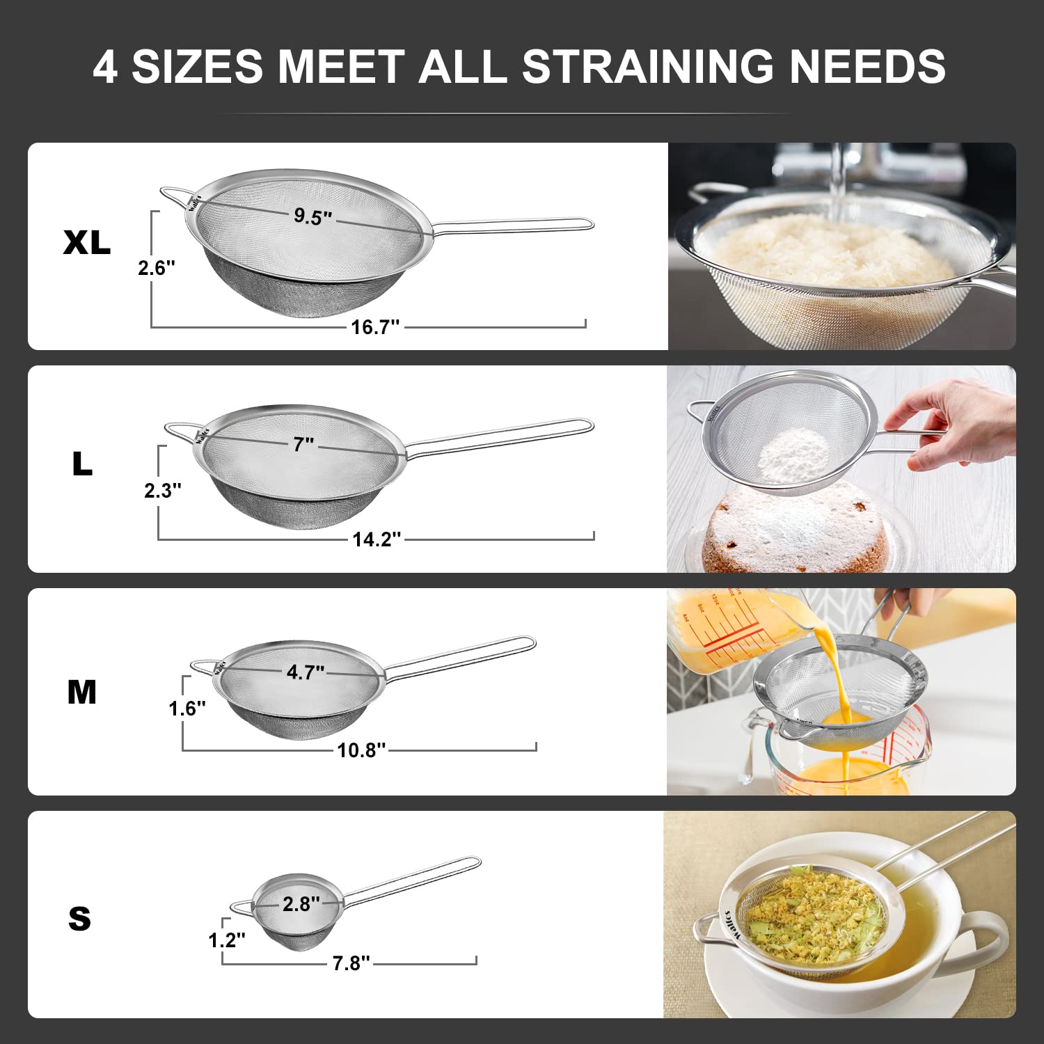 Walfos Extra Fine Mesh Strainer Set Of 4-9.5'', 7'', 4.7'', 2.8'', Stainless Steel 30 Mesh Sieve With Sturdy Handle, Kitchen Foo