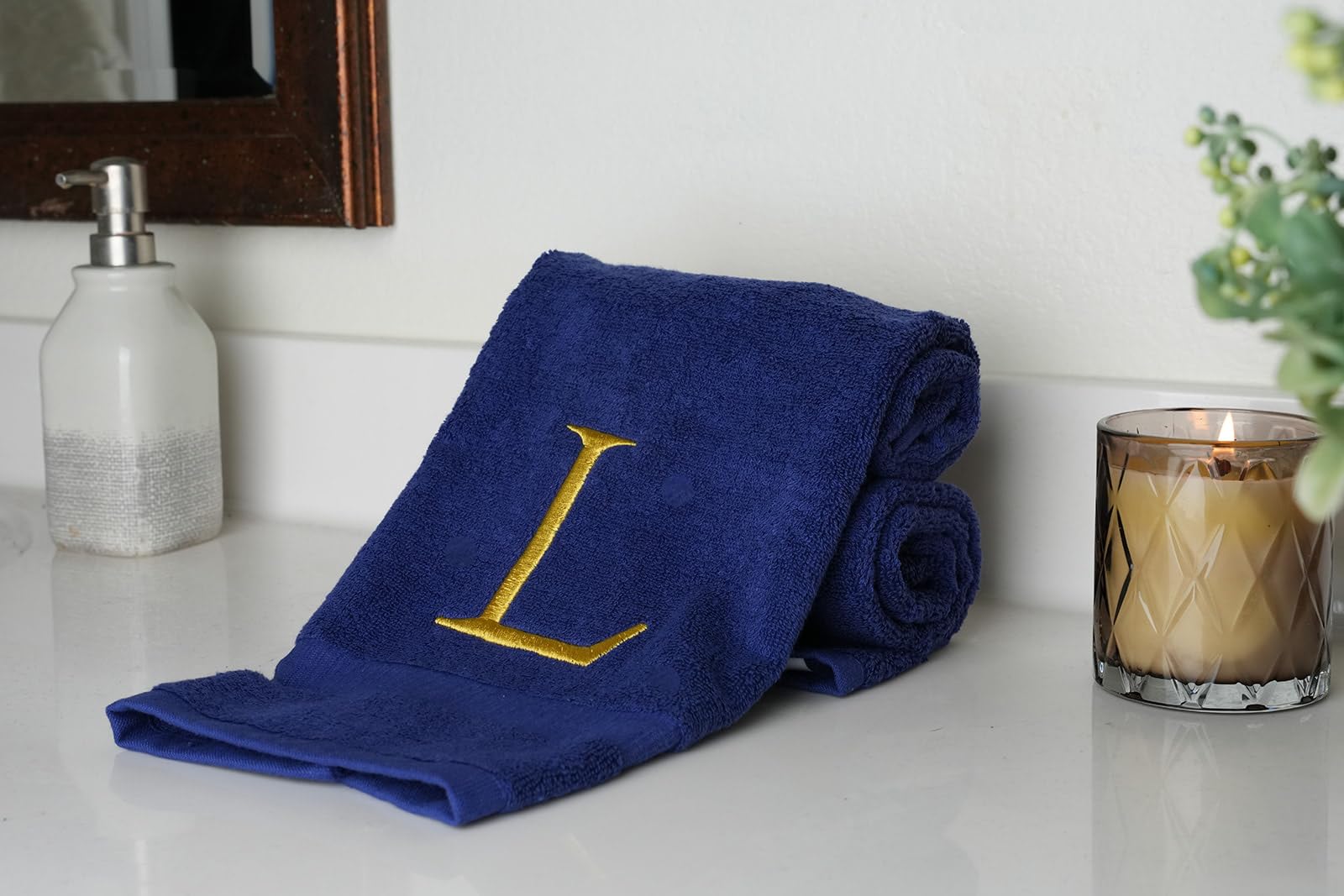 Navy And Gold Bathroom Hand Towel - Monogrammed Luxury Hotel Quality Decorative Embroidered Towel For Powder Room, Spa - Gots Or