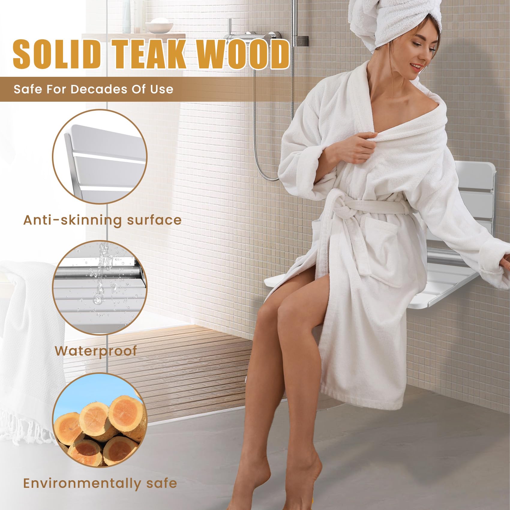 Folding Teak Shower Seat Wall Mounted,Fold Down Shower Seat,Foldable Shower Bench,Home Care Teak Shower Seat Bench For Inside Sh