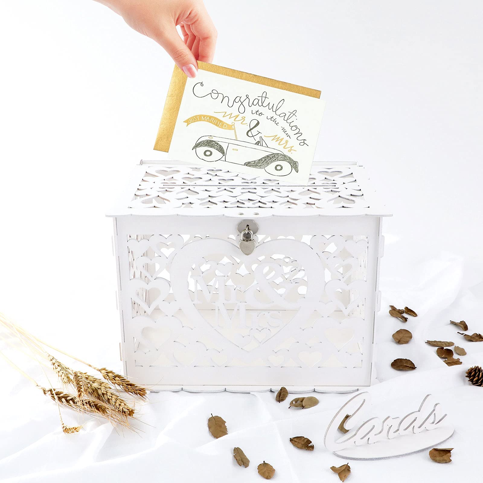 Ywlake Wedding Money Box Holder With Sign, Large Rustic Wood Wooden Diy Envelope Gift Post Card Boxes With Lock Slot For Recepti