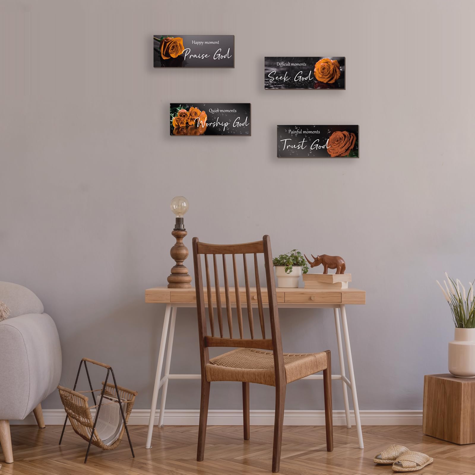 ONIZHITY 4Pcs Orange Bathroom Decor Orange Wall Decor Religious Bible Verse Orange Rose Wall Decor Rustic Wooden Christian Sign