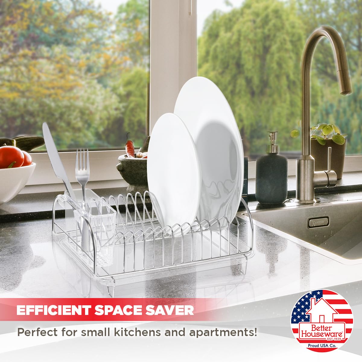 Better Houseware Stainless Steel Dish Drainer With Clear Plastic Tray And Cutlery Holder, Compact Space-Saving - Holds Up To 12