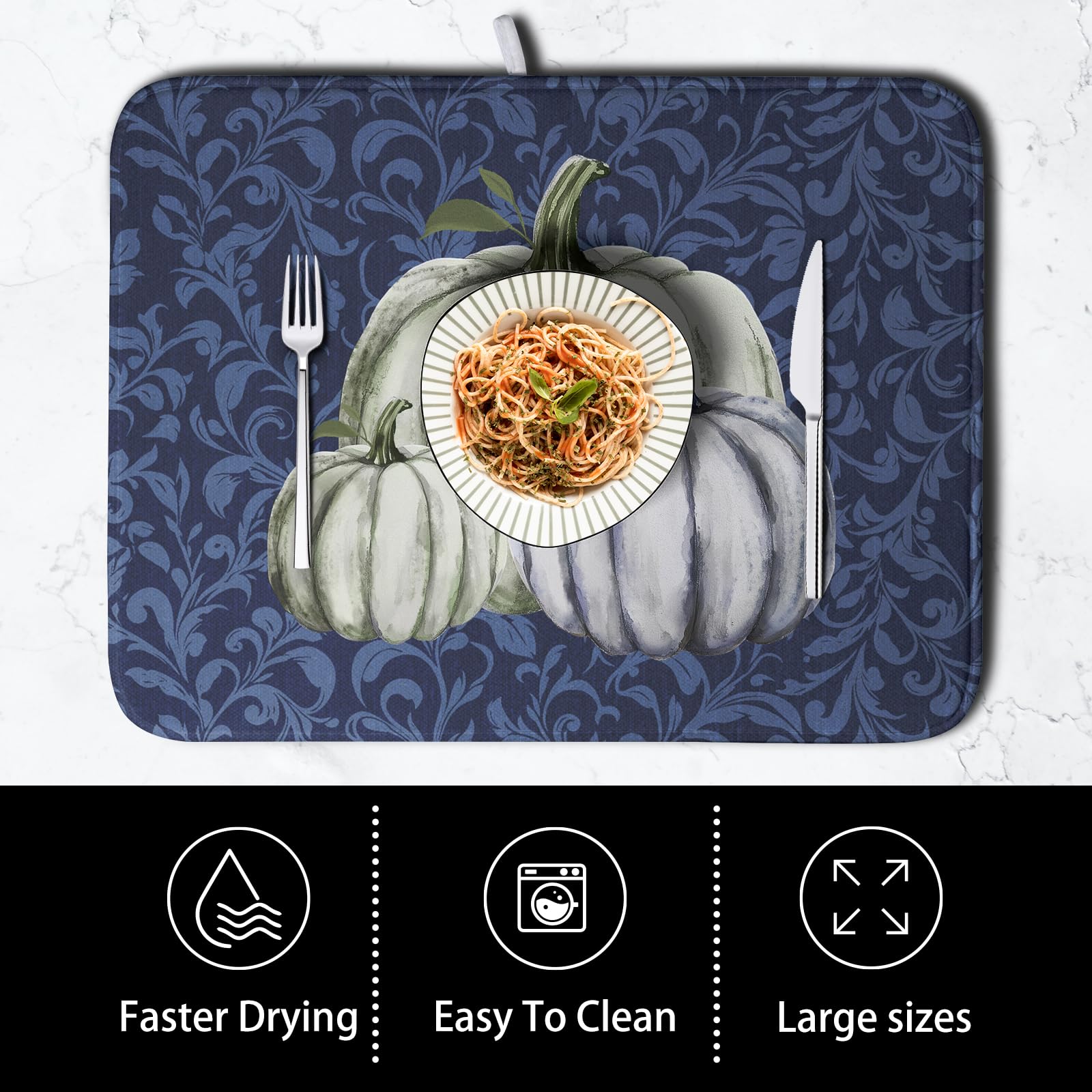 Kwlegh Autumn Dish Drying Mat Fall Navy Blue White Pumpkin Dish Pad for Kitchen Counter 18x24 Microfiber Absorbent Thanksgiving