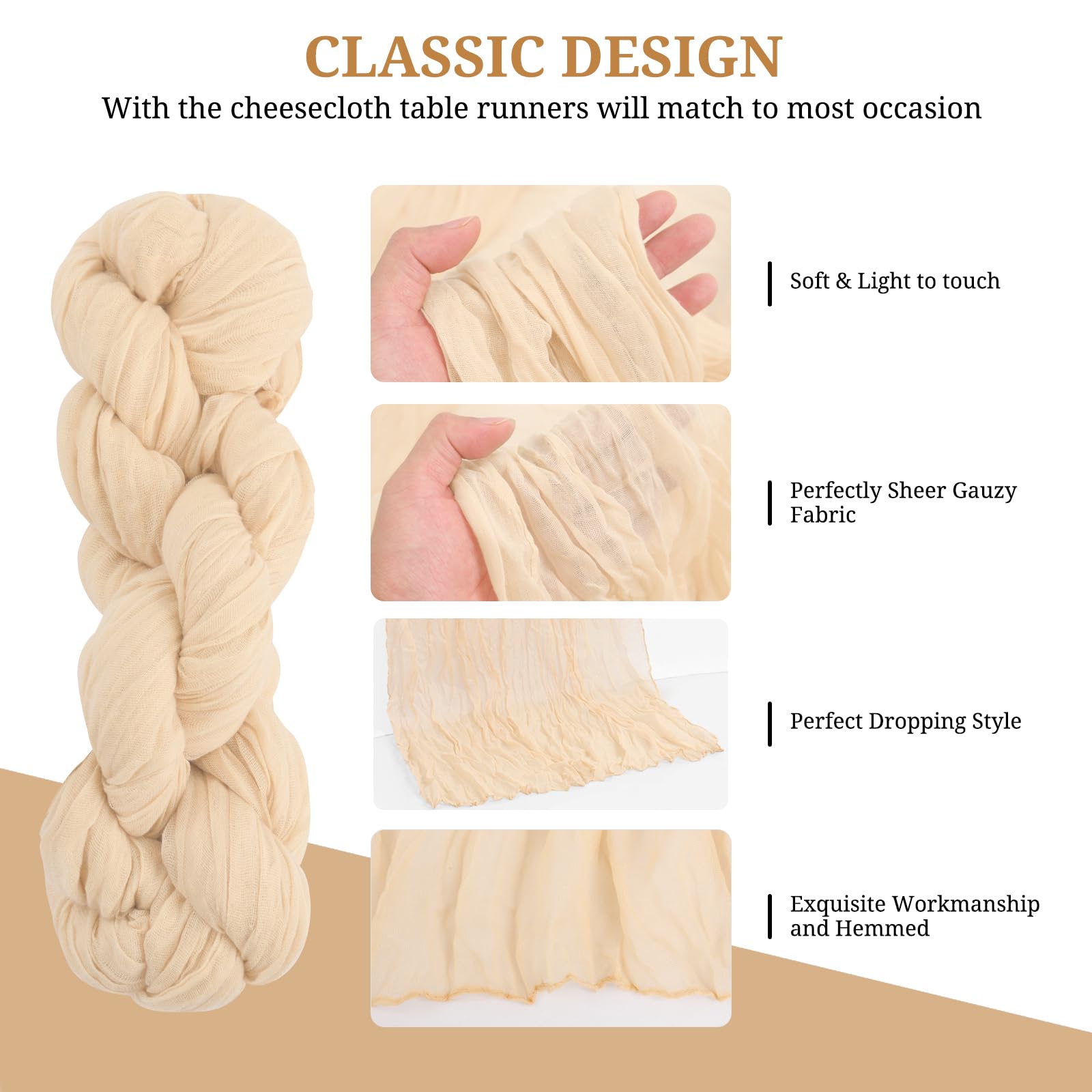 12 Pack Beige Cheesecloth Table Runner 35X120 Inch 10Ft Romantic Gauze Cheese Cloth Table Runner, Boho Rustic Table Decorations