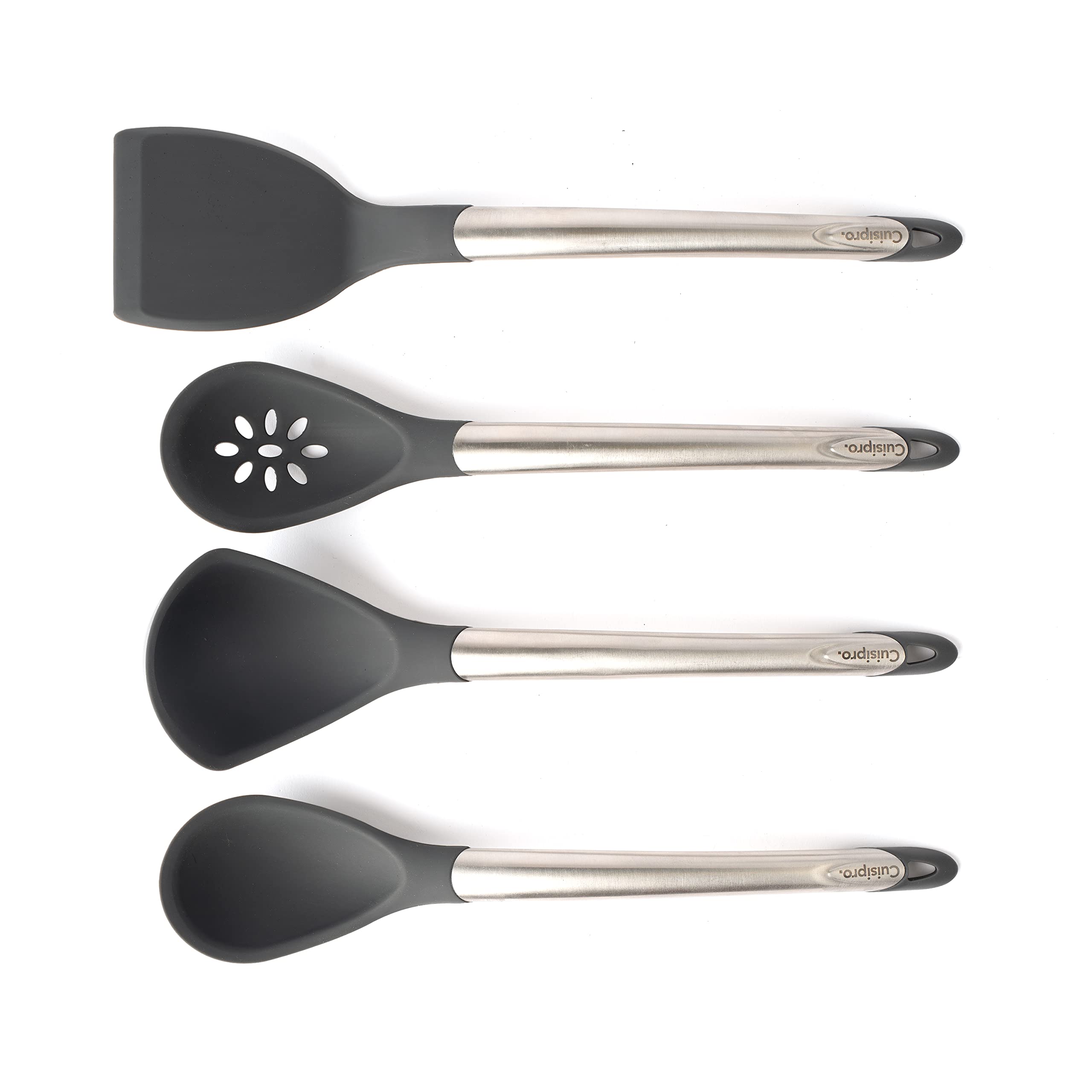 Cuisipro Silicone Tool 4-Piece Set With Ladle, Turner, Spoon & Slotted Spoon, Gray