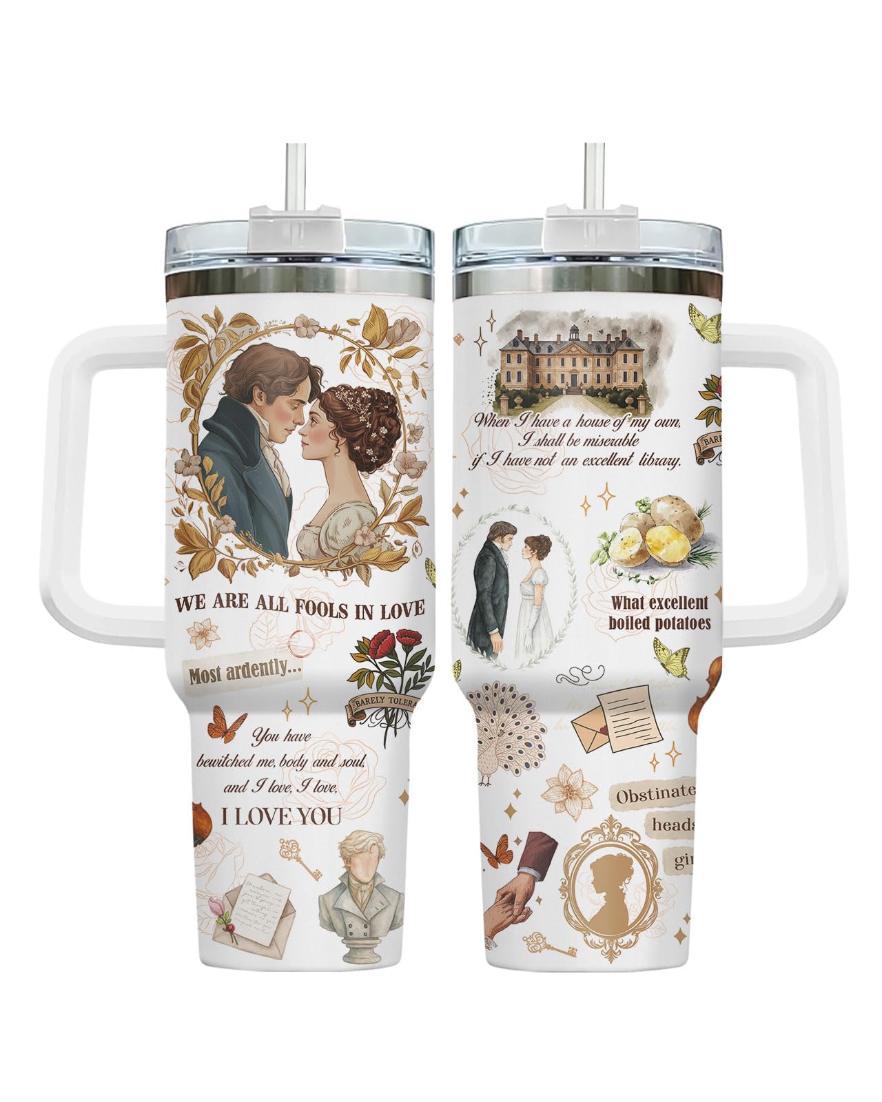 GEPOSTORE Classic Literature Romance Tumbler 40oz With Handle And Straw, Insulated Stainless Steel Travel Cup, Vintage Book Aest