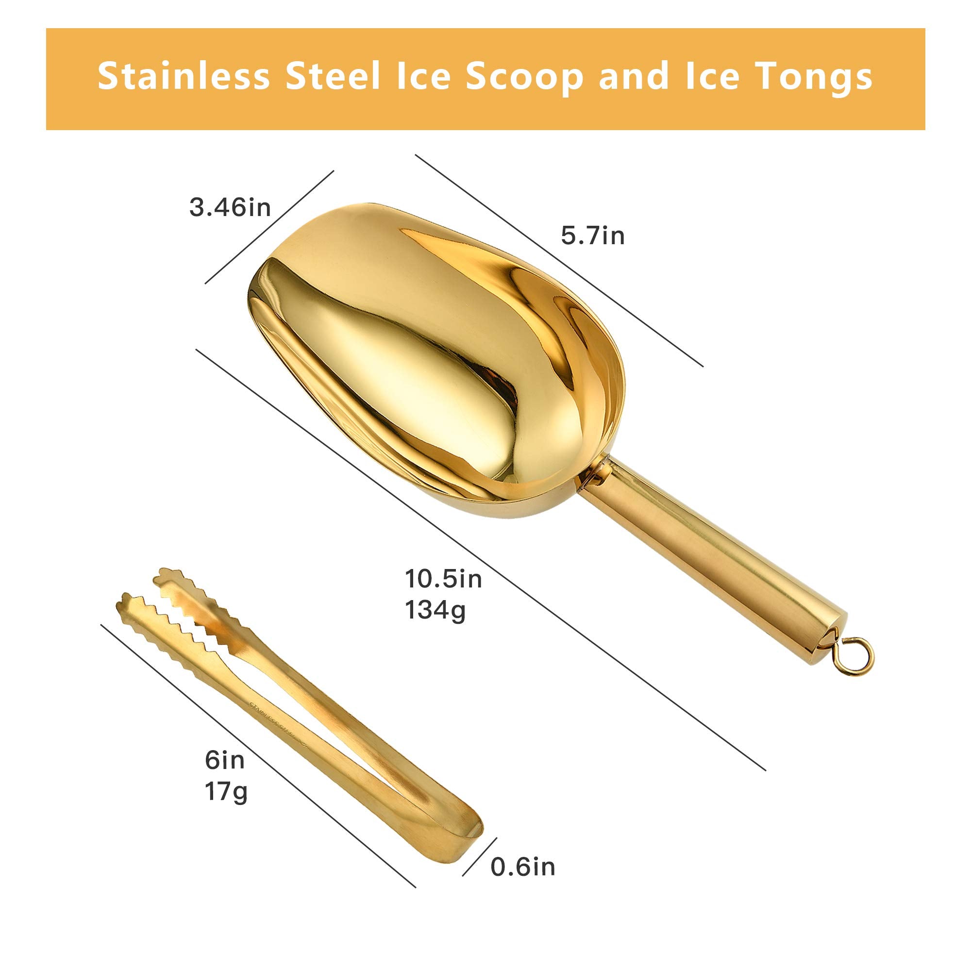 Stainless Steel Ice Scoop And Ice Tongs, Akamino Small Round Bottom Bar Ice Flour Utility Scoop & Buffet Clip Kitchen Bar Bbq Pa