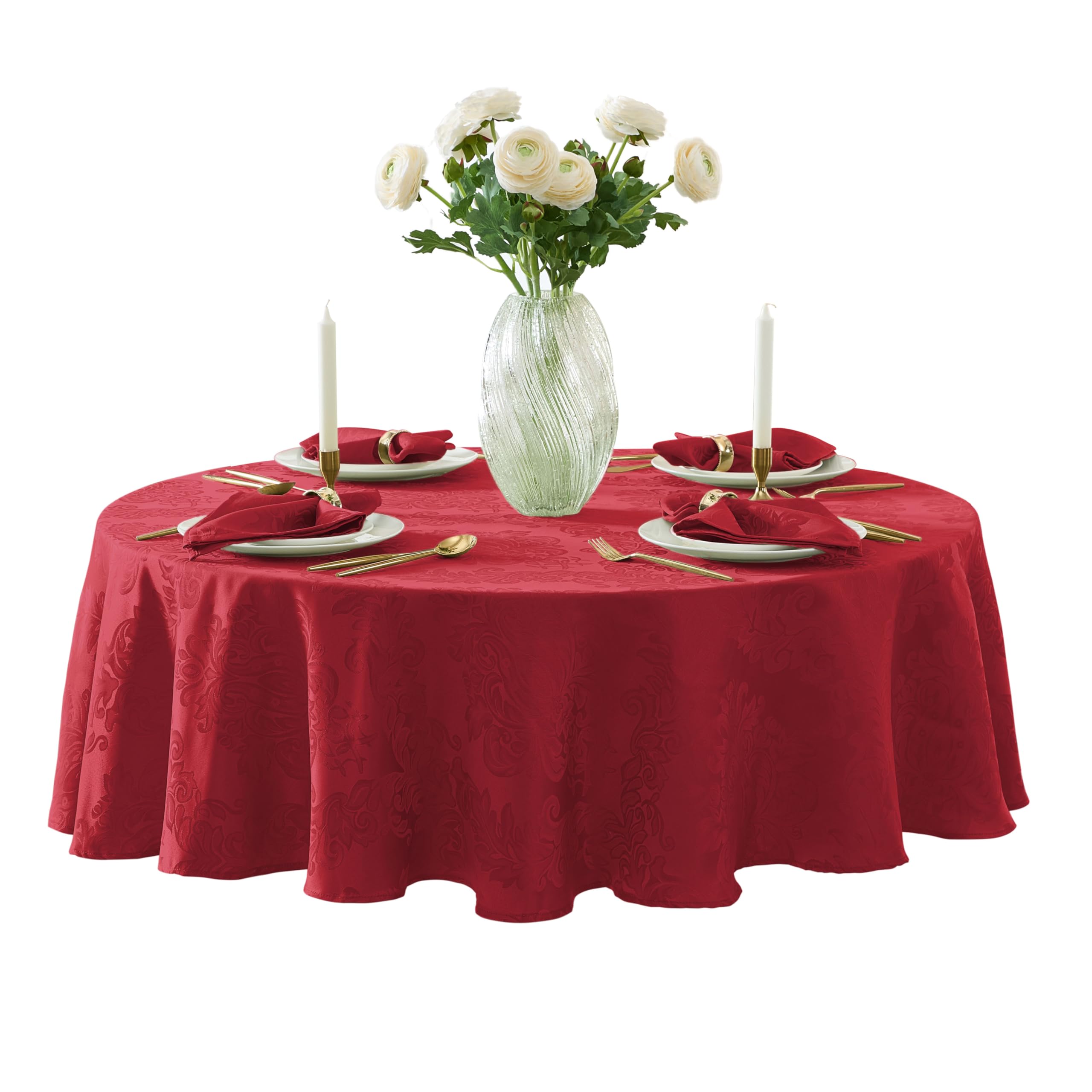 Newbridge Barcelona Damask Fabric Tablecloth, 90 Inch Round, Red - No Iron, Soil Resistant Table Cover for Dining, Parties and H