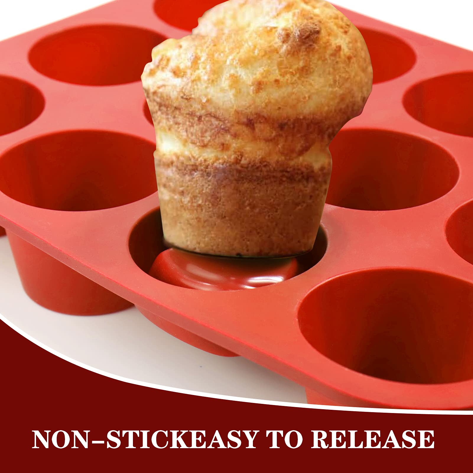 Vodolo 12-Cup Silicone Popover Pans, Non-Stick for Muffins & Brownies, Cherry Red