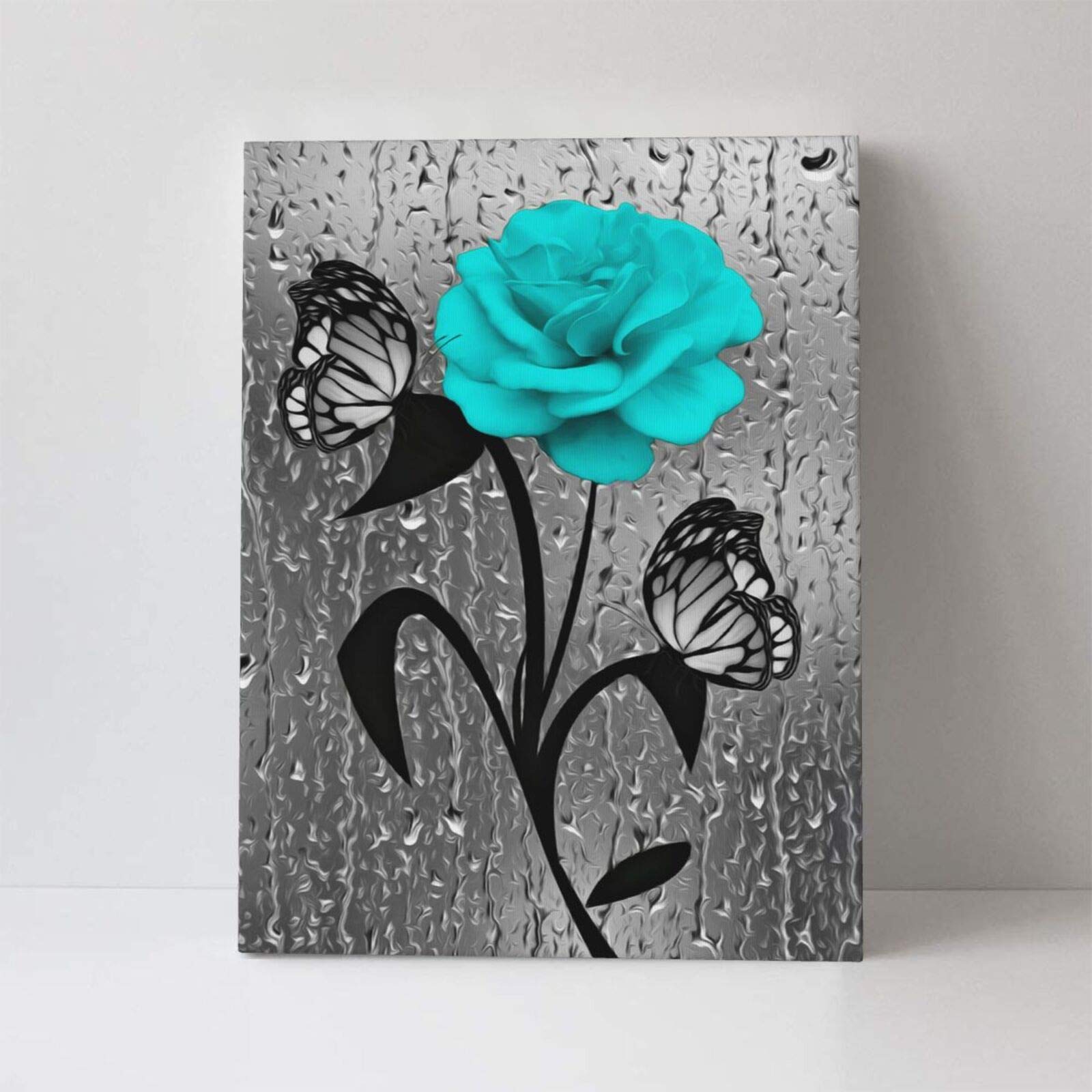 Farmhouse Bathroom Decor Canvas Wall Art Teal Blue Roses Butterfly Picture Wall Decor Black And White Grey Bath Painting Print A