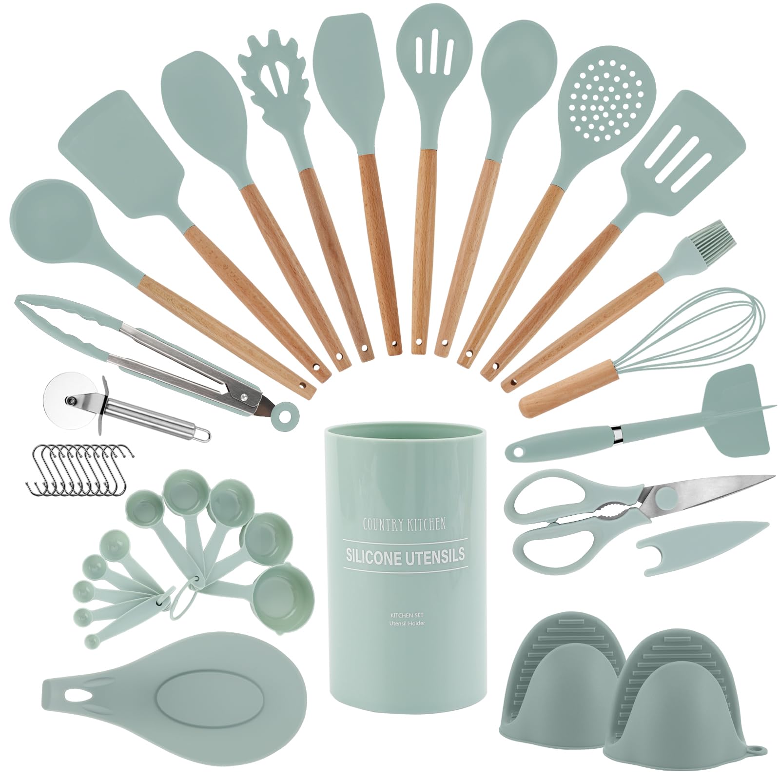 Country Kitchen Non Stick Silicone Utensil Set With Rounded Wood Handles For Cooking And Baking, 38 Piece Set, Mint