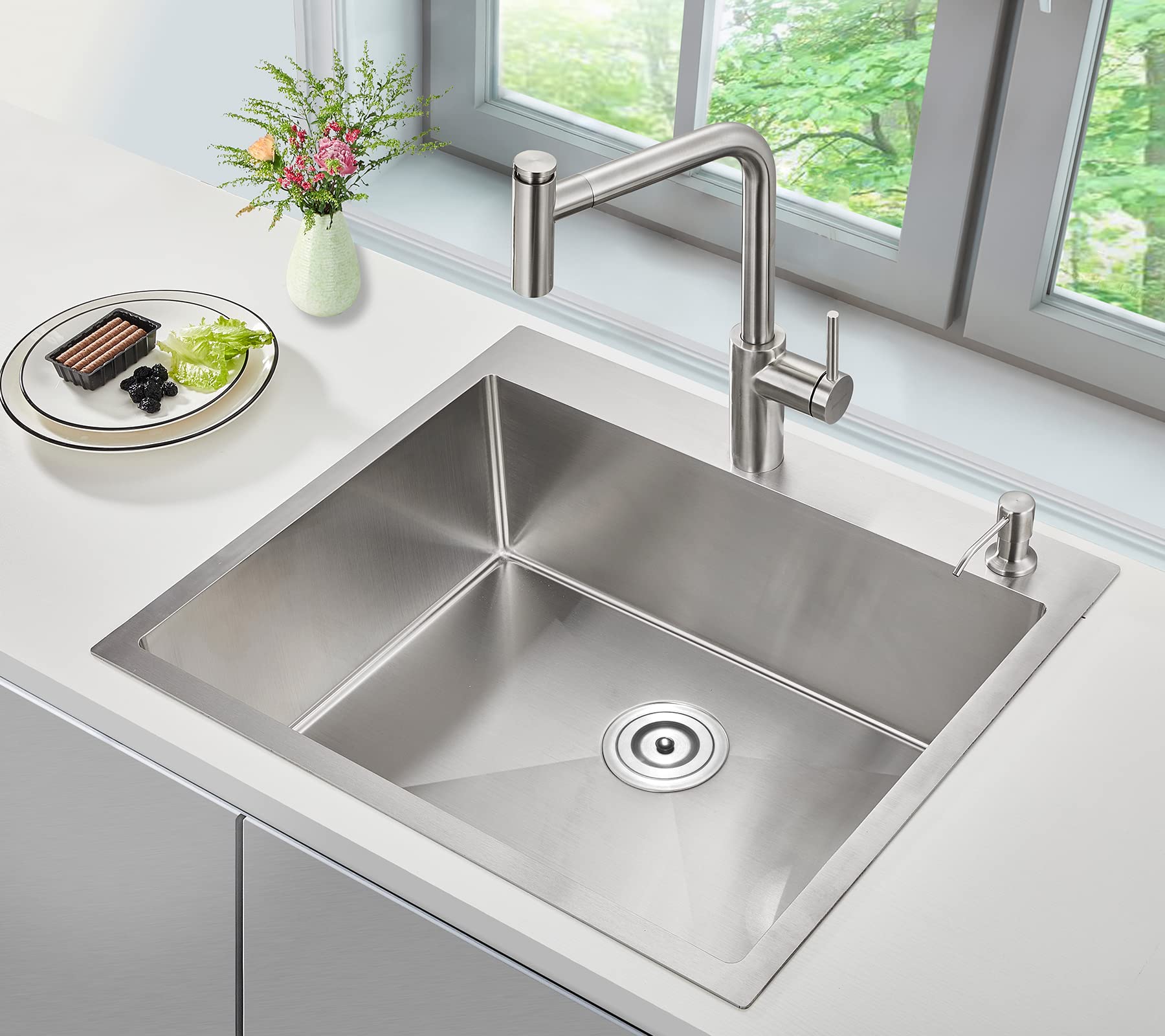 Popfly 25  18 Inch Drop In Kitchen Sink, 18 Guage 304 Stainless Steel 9 Inch Deep Sink, 25 Inch Topmount Overmount Kitchen Bar P