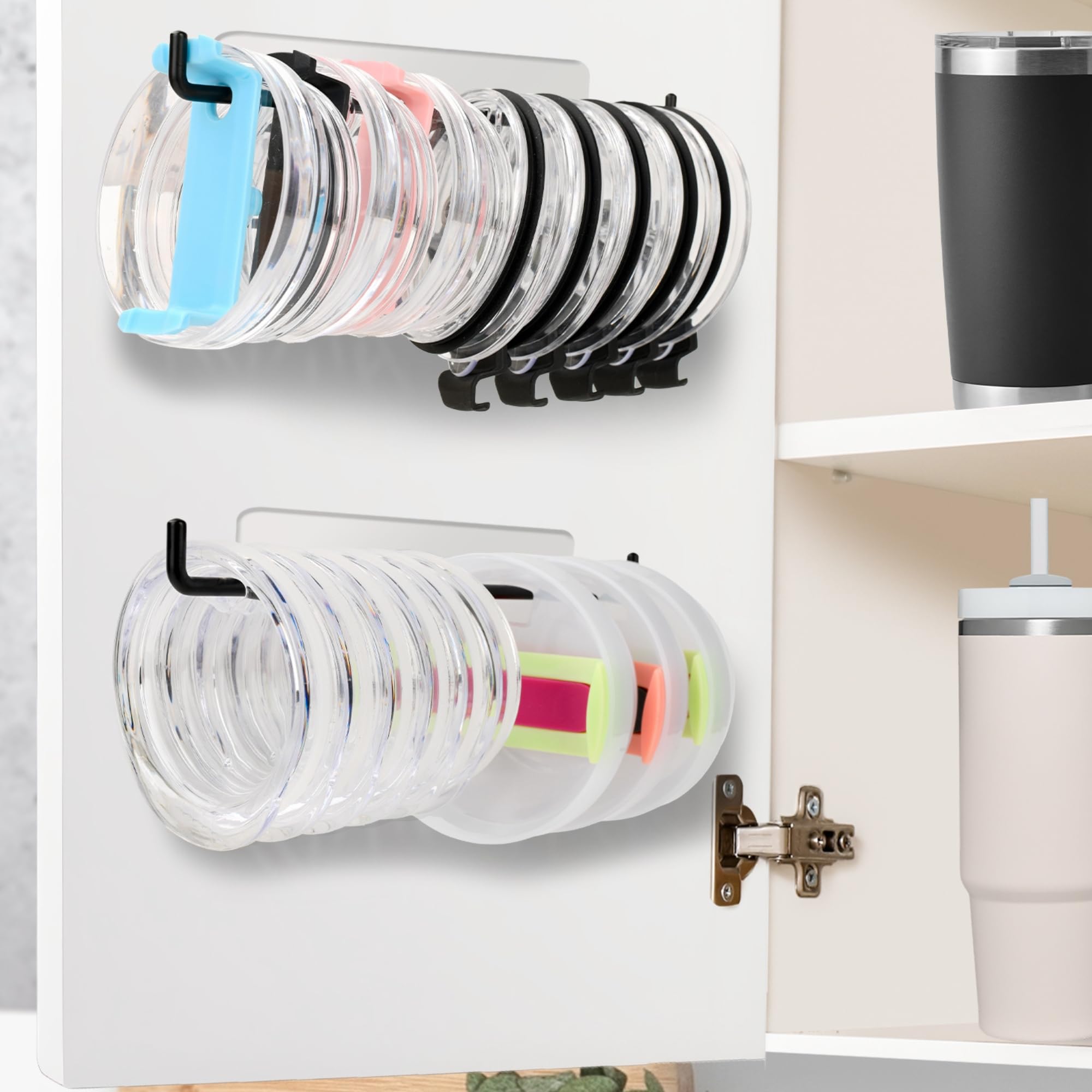 KEEPEE 2 Pack Tumbler Lid Organizer, Over Cabinet Door Cup Lid Organizer, SelfAdhesive Tumbler Lid Hook, Tumbler Lid Holder for