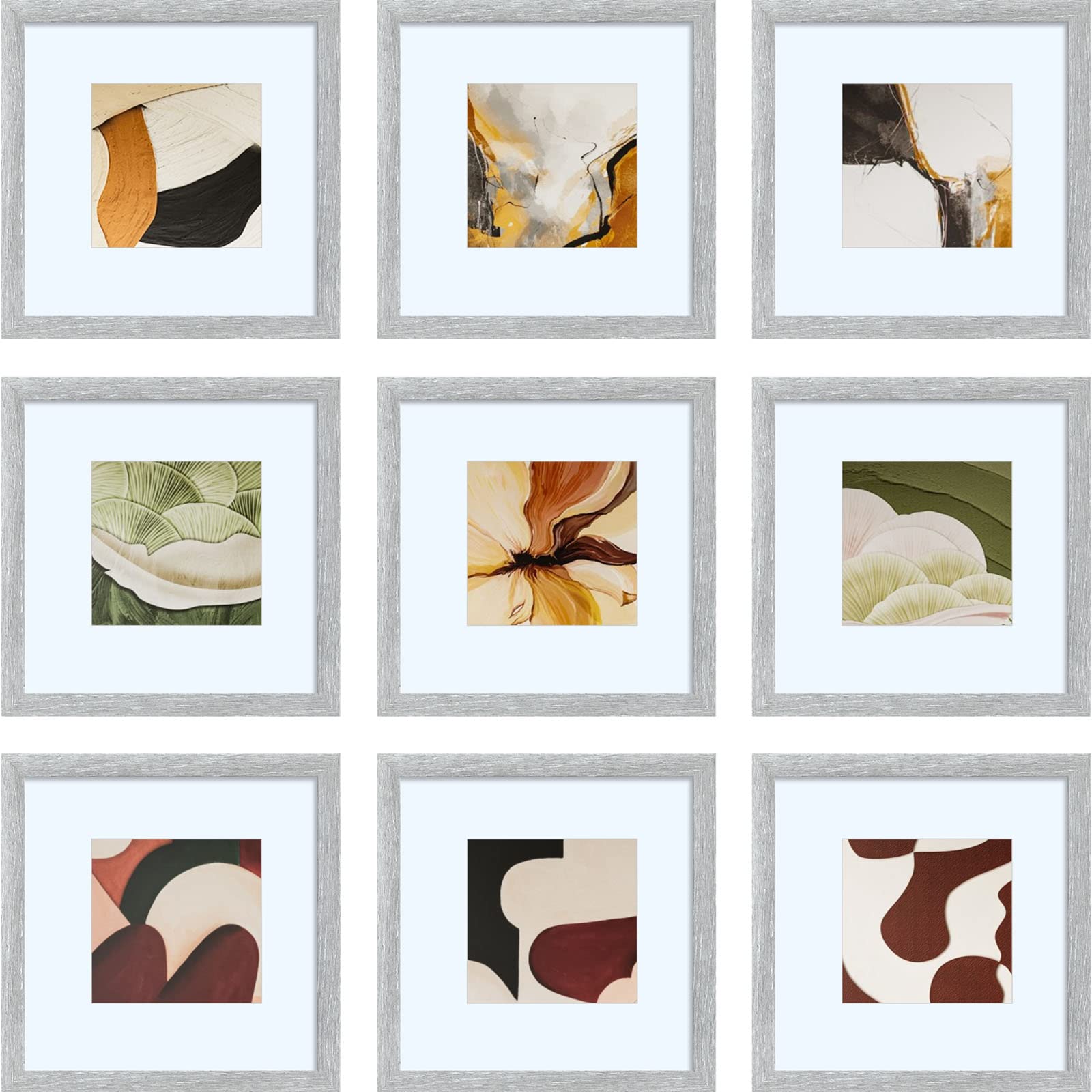 HEART ART 10x10 Grey Picture Frame set of 9, Display Photos 6x6 with Mat or 10 x 10 without Mat, Gallery Wall Frames Set