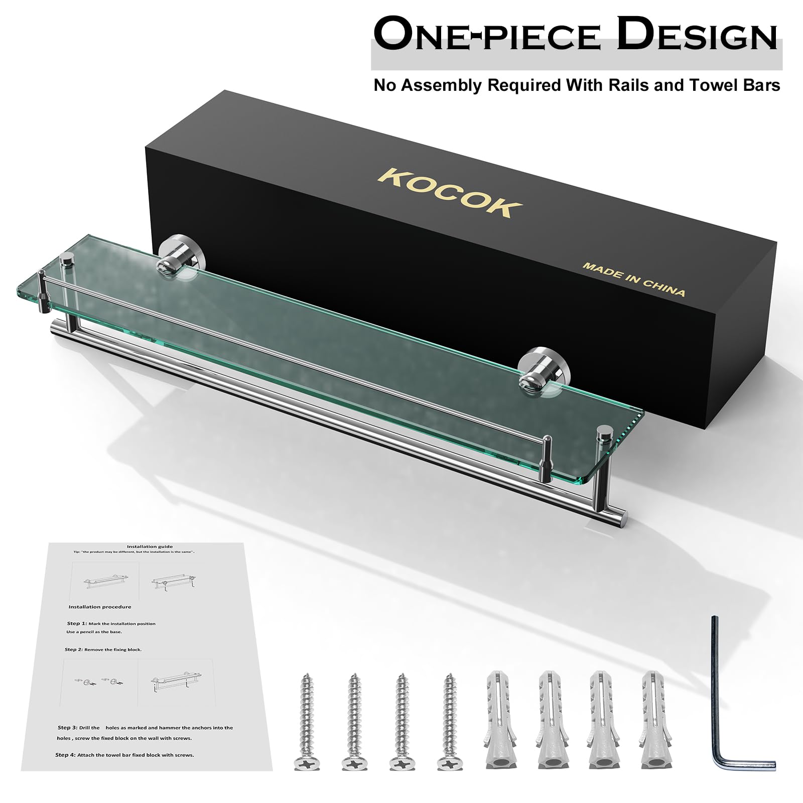 Kocok Bathroom Glass Shelf With Towel Bar,24-Inch Chrome Polished Floating Glass Bathroom Shelves With Towel Rack Stainless Stee