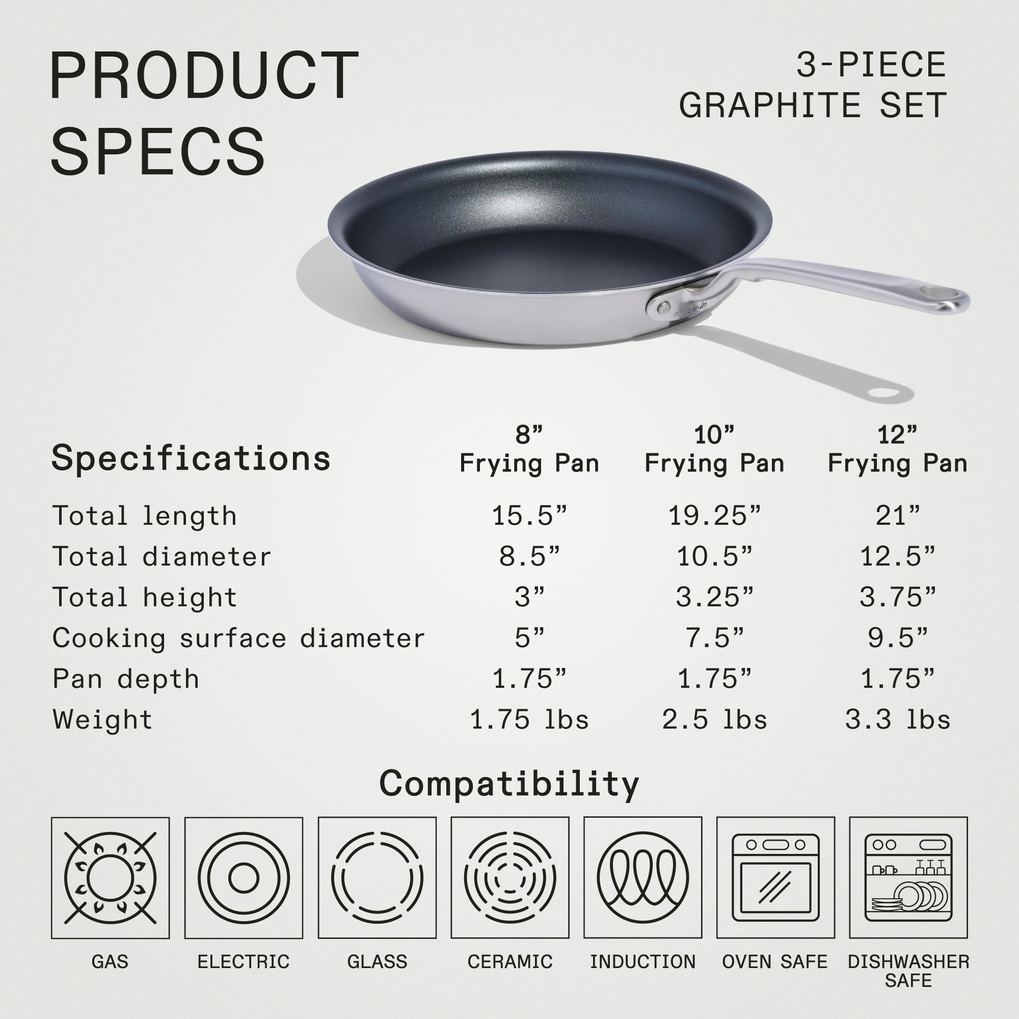 Made In Cookware - ProCoat Non Stick 3 Piece Frying Pan Set (Includes 8'',10'',12'') - 5 Ply Stainless Clad - Professional Cookw