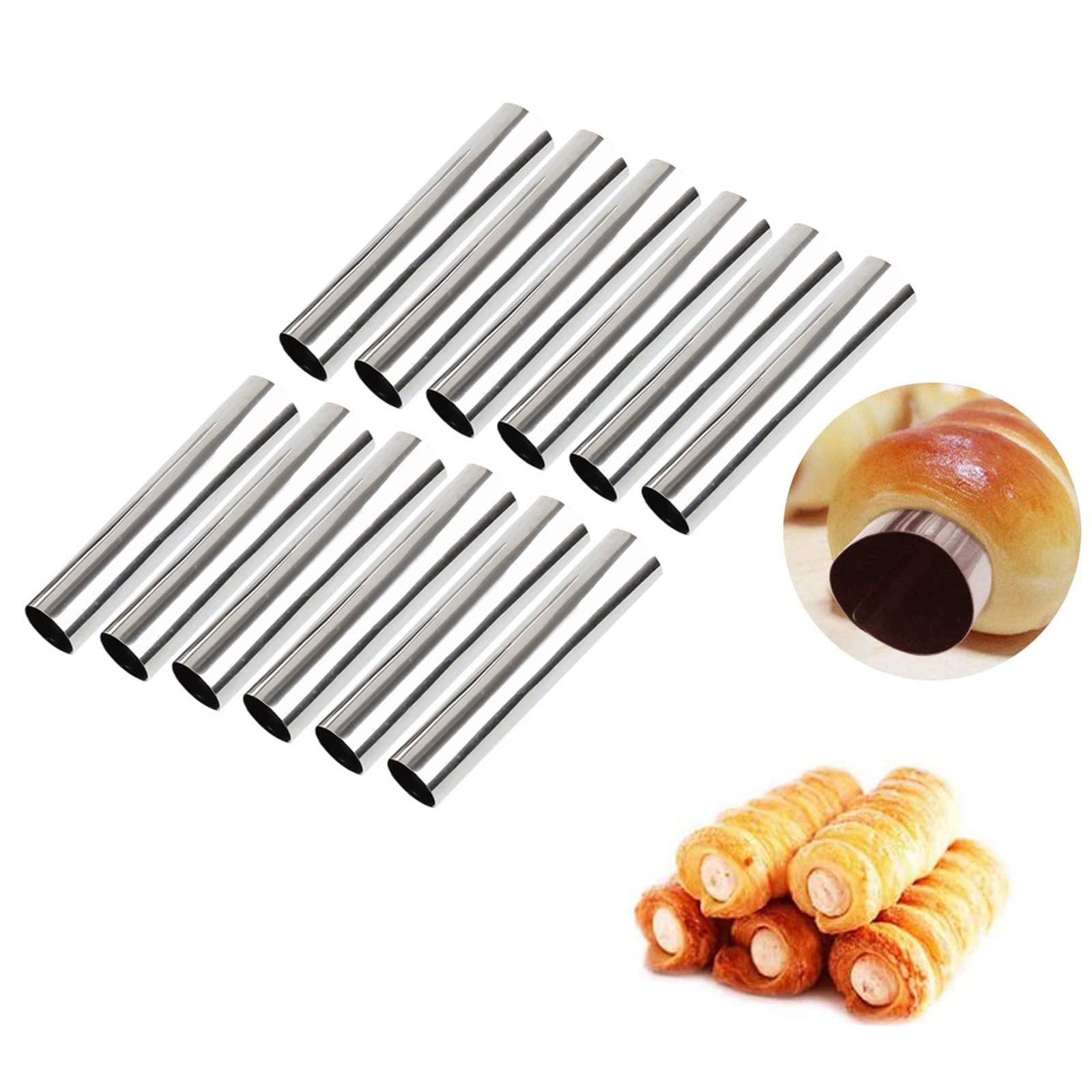 Phantomsky 12 Pack Cannoli Tube Non Stick Stainless Steel Cream Horn Mold Danish Pastry Cannoli Form Screw Croissant Shell Cream