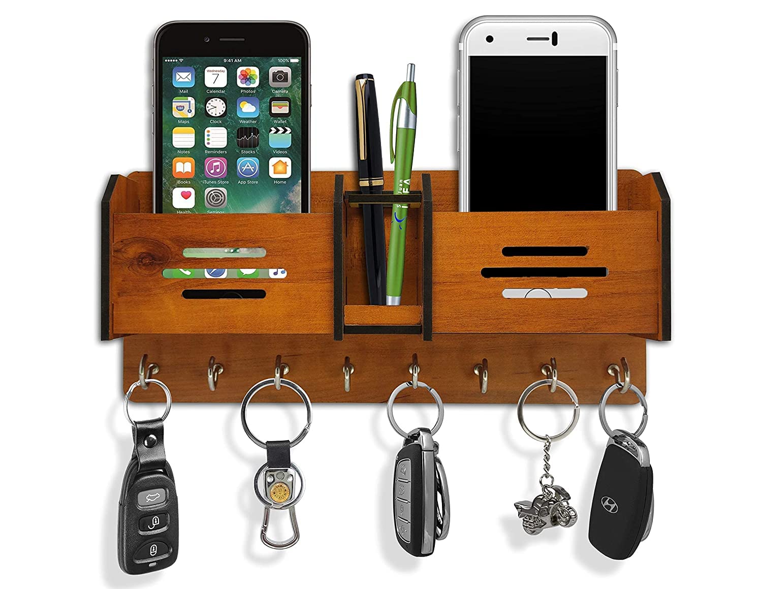 Wood Key Holder with Storage Box Mobile Holder Pen Holder with 8 Hook (280mm x 125 mm, Pack of 1) (Cherry)