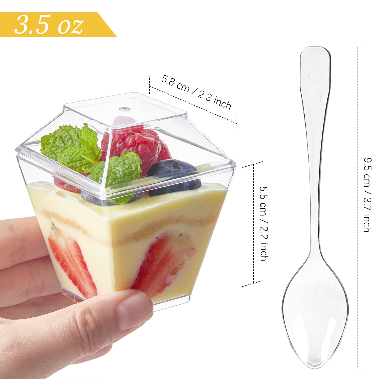 Qeirudu 50 Pack 3.5 Oz Mini Dessert Cups With Lids And Spoons - Parfait Cups With Lids Plastic Square Shooter Cups For Party App