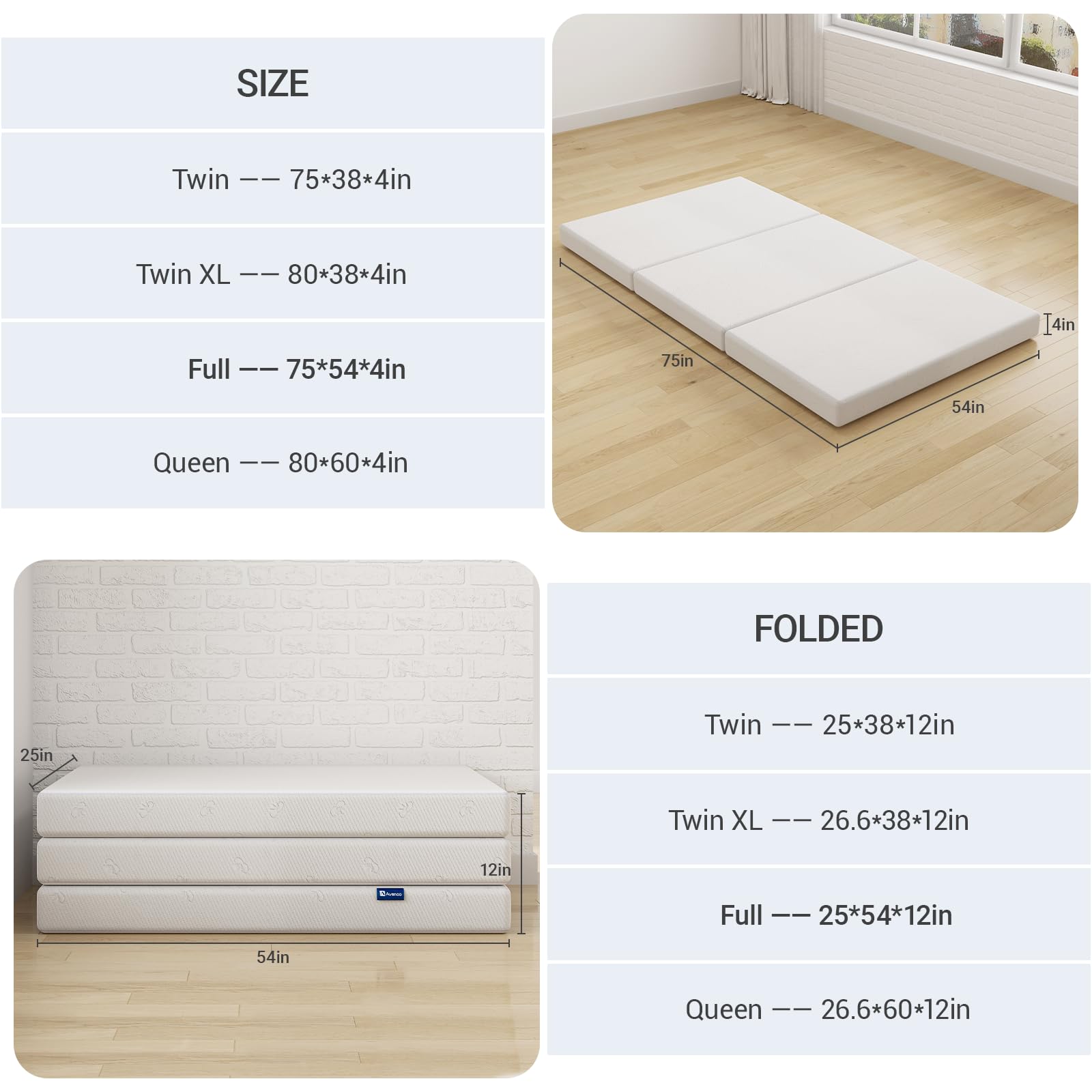 Avenco Folding Mattress, 4 Inch Trifold Mattress, Full Size Folding Mattress For Indoors, Rv/Camper Van, Travel, Camping, Guest