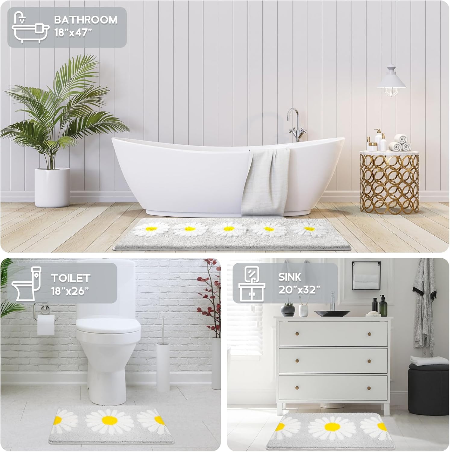 Sunhop Grey Bathroom Rugs, Cute Flower Daisy Bath Mat, Extra Soft And Absorbent Microfiber Non-Slip Bath Rug, Bath Mats For Bath