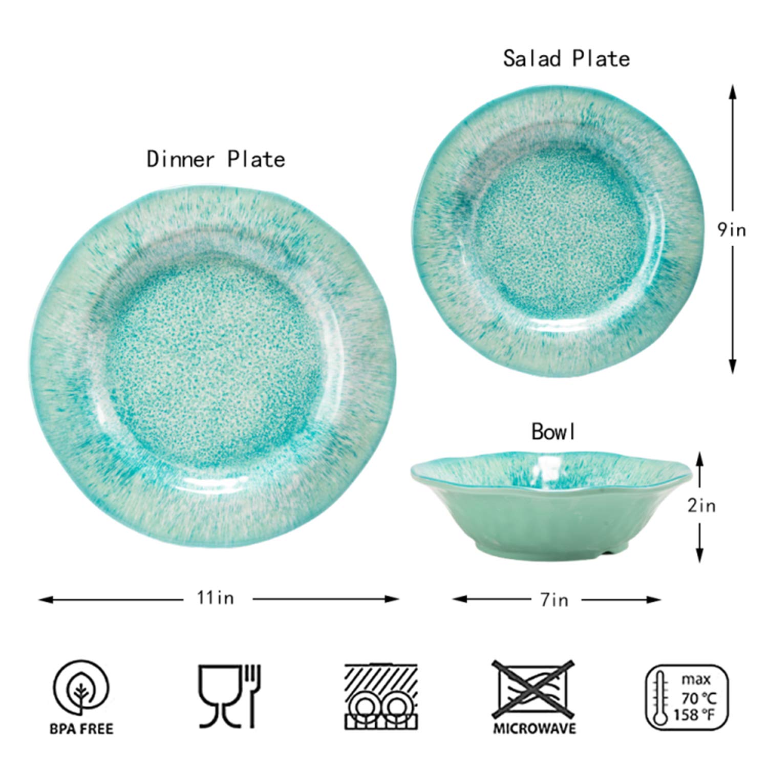 12 Pcs Melamine Dinnerware Sets, Durable Dishware Melamine Dinner Plates for Indoor and Outdoor, Aqua Plates and Bowls Sets, Dis