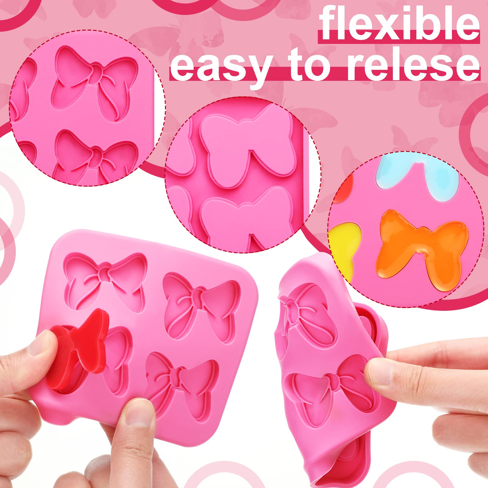 4 Hole Bow Chocolate Silicone Mold 4 Pcs Bow Fondant Mini Mold Cartoon Butterfly Tie Edible Cartoon Cake Molds For Baking Pink B