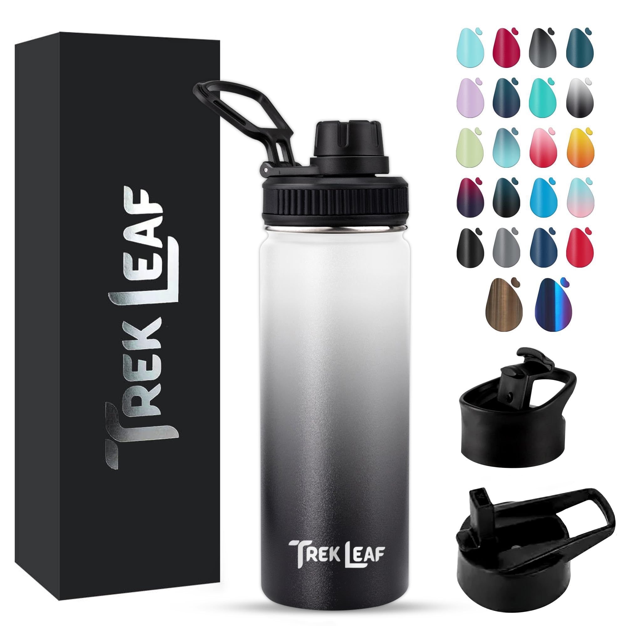 Trek Leaf Travel Water Bottle with 3 Lids (Spout, Straw, Flip) Leak Proof, Quality, Vacuum Insulated, Stainless Steel (Day & Nig