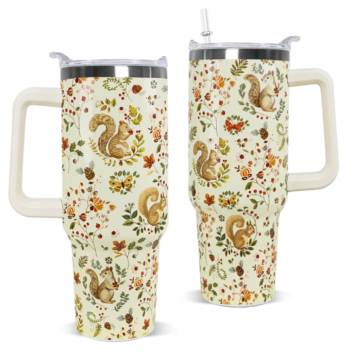 Nqhsionv Squirrel Tumbler with Handle and Straw 40 oz Squirrel Cup Fall Coffee Travel Mug Stainless Steel Insulated Water Bottle