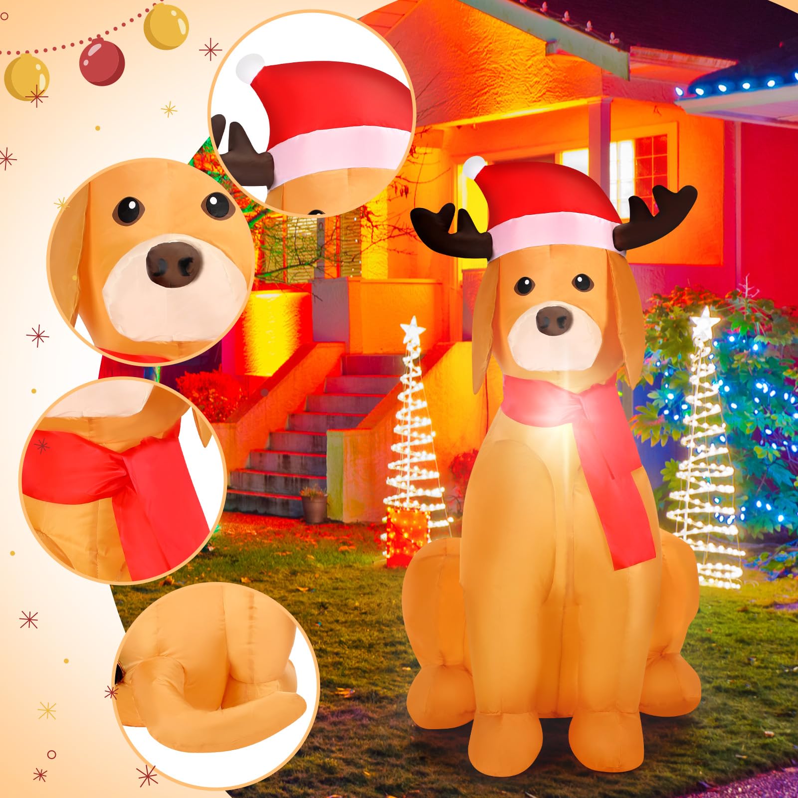 Kitticcino 4 FT Christmas Inflatables Dog Outdoor Decoration Blow Up Golden Retriever with Santa Hat and Scarf Outdoor Indoor Ya