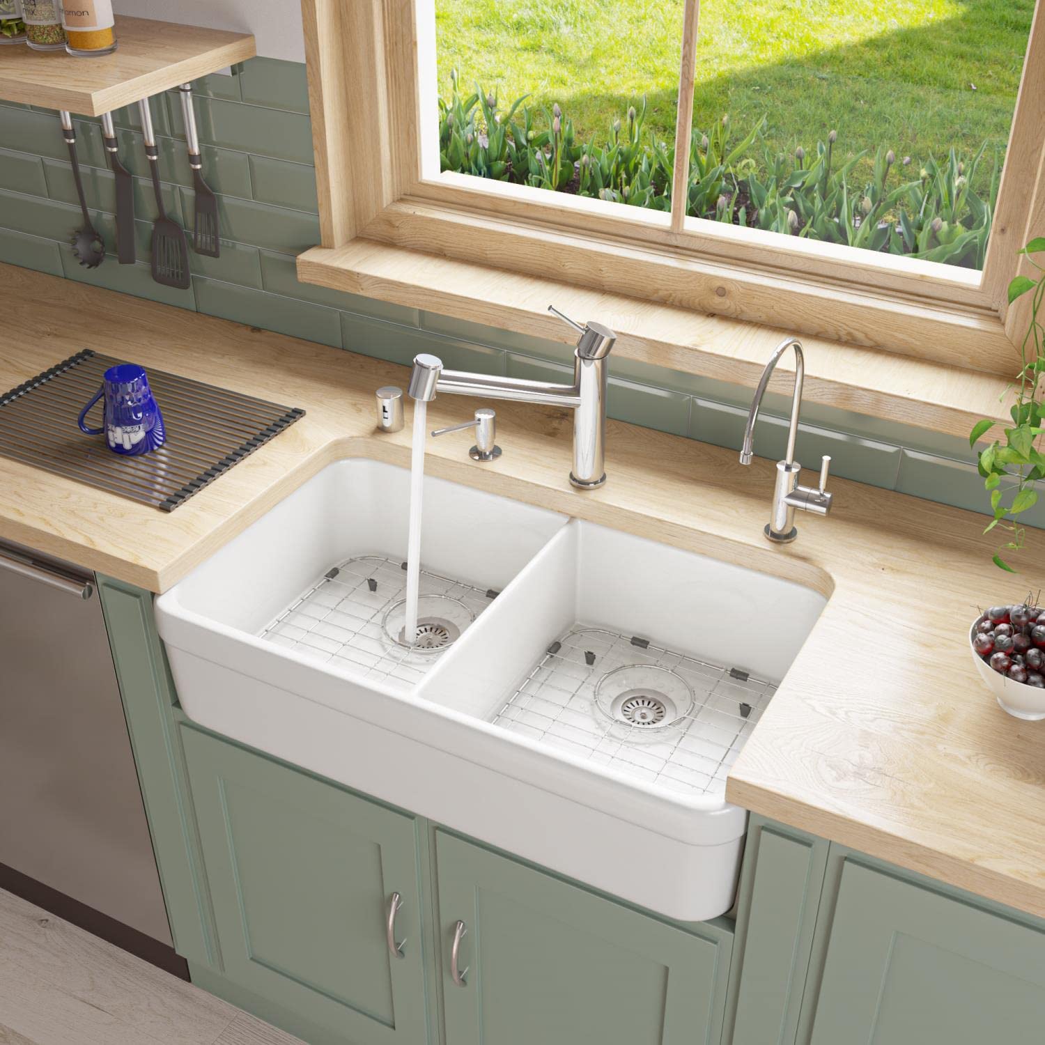 Alfi Brand Ab512 32-Inch Double Bowl Fireclay Farmhouse Kitchen Sink With 1 3/4-Inch Lip, White