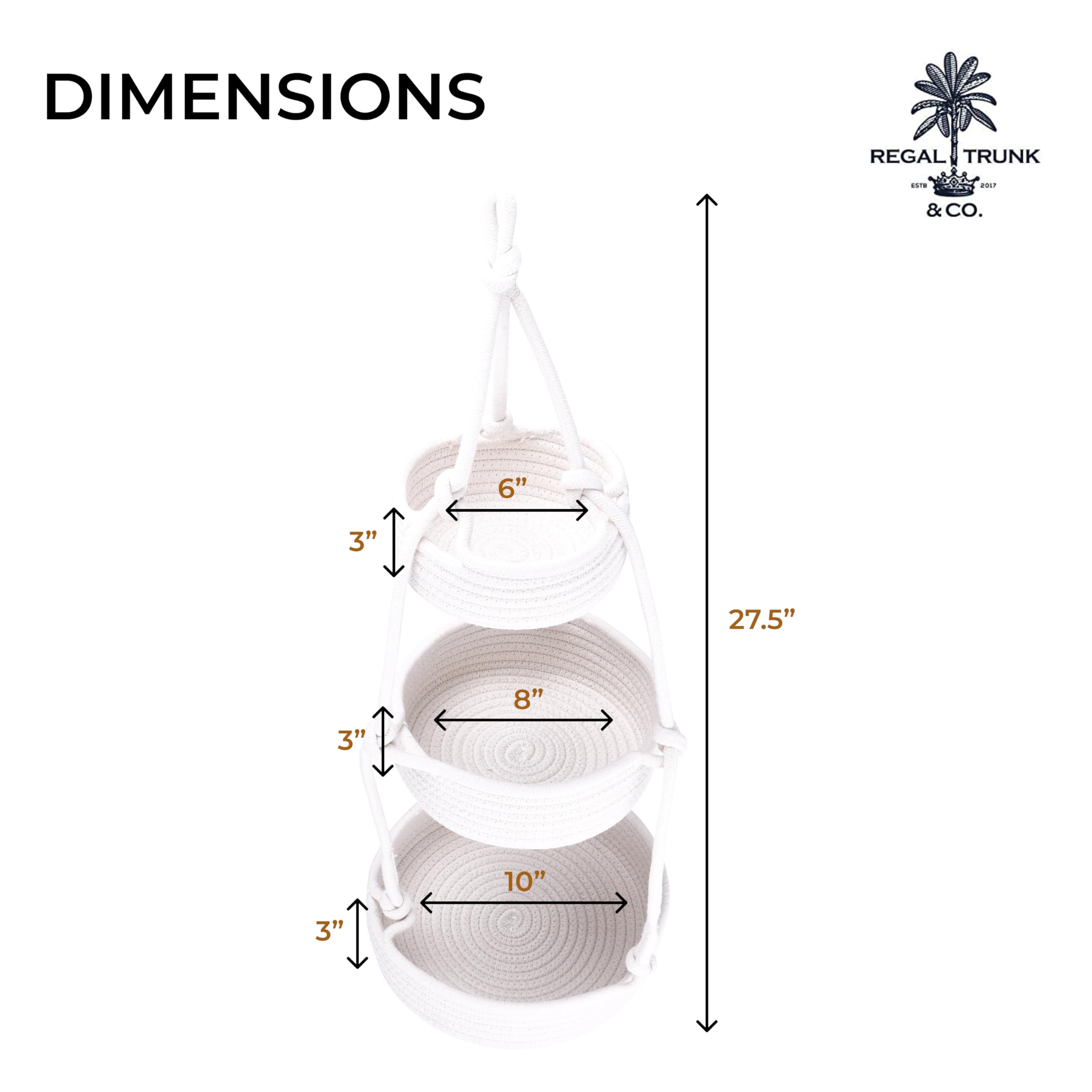 Regal Trunk Hanging Fruit Baskets For Kitchen - 3 Tiers Fruit Baskets Hanger - Macrame Fruit Hammock - White Boho Wall Decor - P