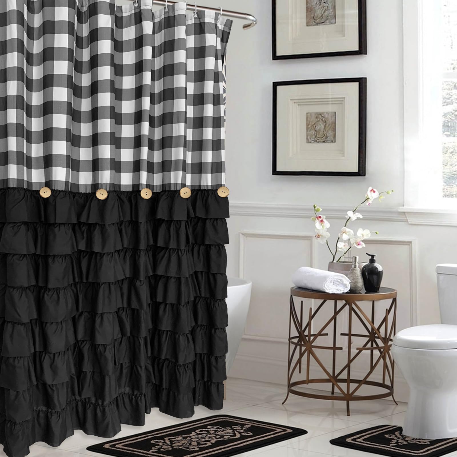 Seasonwood Black Farmhouse Shower Curtain Set With 12 Hooks 72 X 72Inch Black And White Buffalo Plaid Pattern Fabric Shower Curt