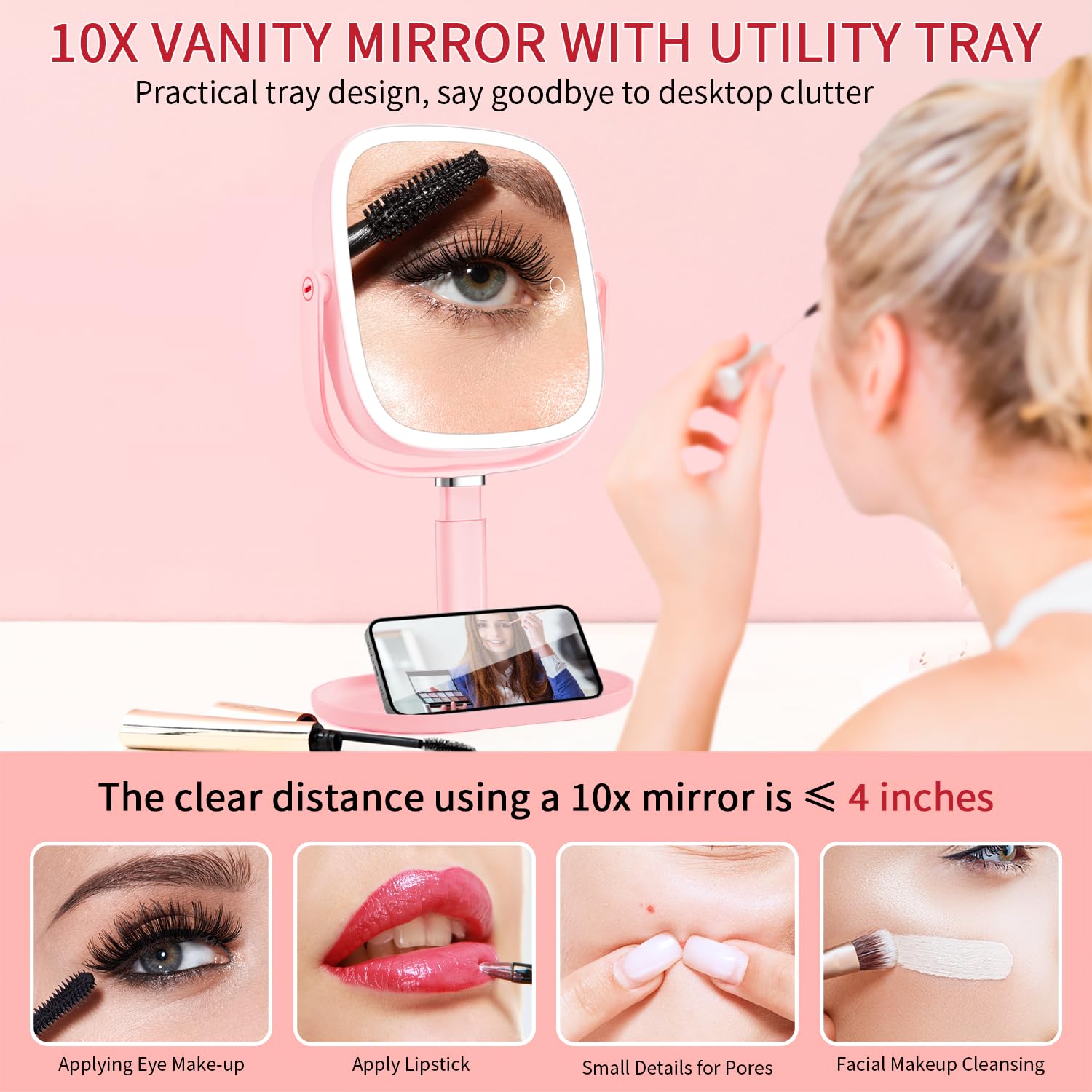 Lighted Makeup Mirror, 2600Mah Rechargeable 1X/10X Magnifying Vanity Mirror, 8.5 Height Adjustable Makeup Mirror With Lights 3 C