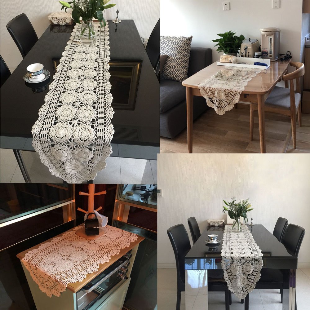 Kepswet Cotton Handmade Crochet Lace Oval Table Runner Dresser Console Coffee Table Tv Stand Decor Blue 14X36 Inch