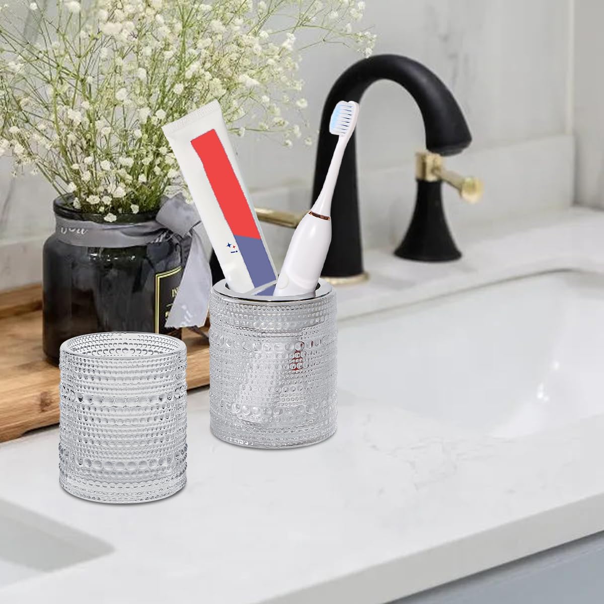 Tonxus Toothbrush Holders for Bathrooms, Clear Glass Toothbrush Holder, 10oz Bathroom Tumbler and Mouthwash Cup, Bathroom Storag