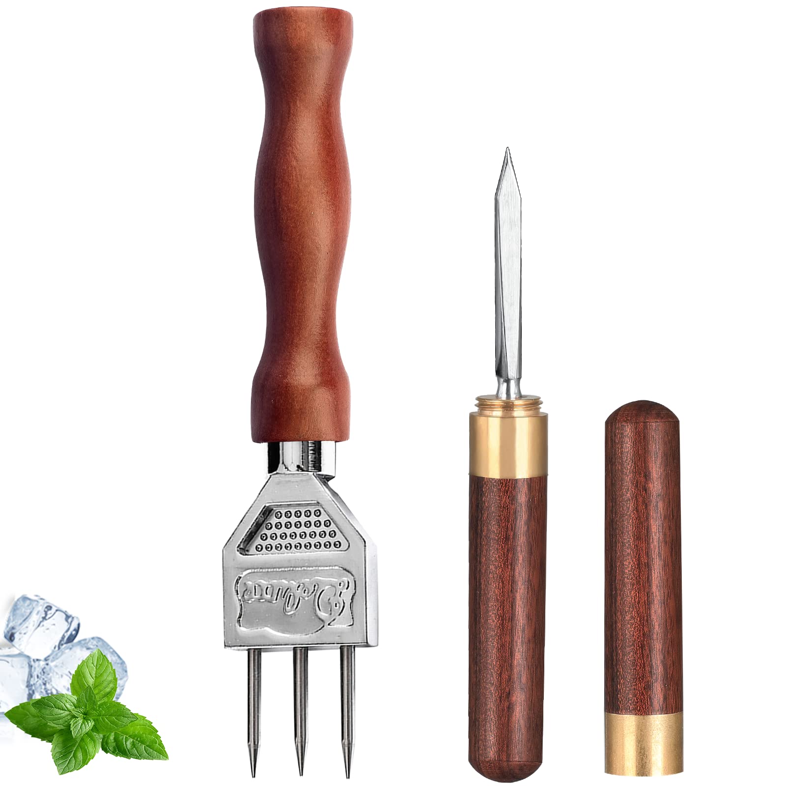 Ice Pick Set Of 2 Three Pronged Ice Pick, Stainless Steel Ice Pick With Wood Handle, Durable Carving Bartender Tool (7.2Inch 2Pc