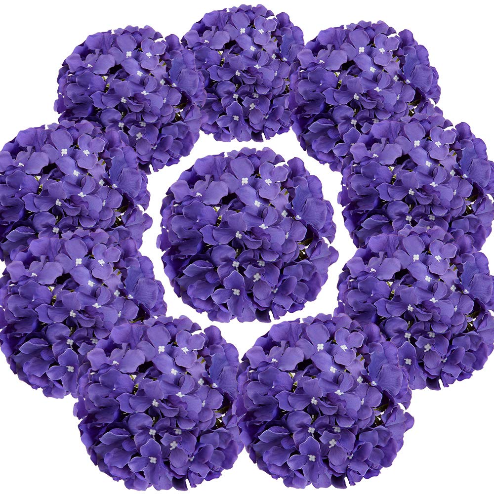 Flojery Silk Hydrangea Heads Artificial Flowers Heads with Stems for Home Wedding Decor,Pack of 10 (Purple)