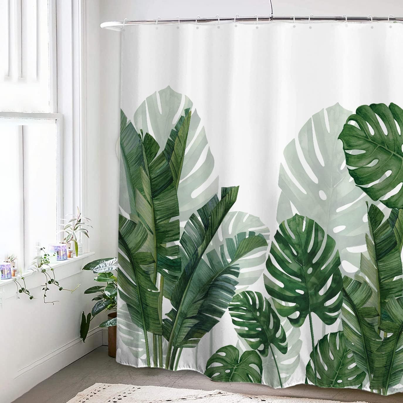 Baccessor Extra Long Tropical Green Leaf Shower Curtain Waterproof Washable Fabric Summer Botanical Banana Monstera Leaf Palm Tr