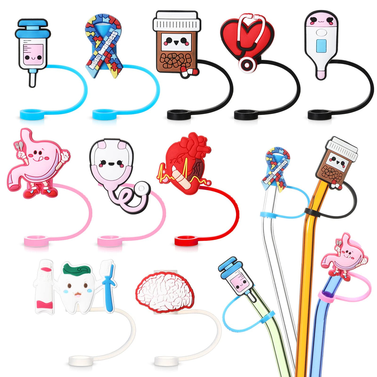 Straw Covers Silicone Kawaii Straw Cover Nurse Theme Straw Caps Reusable Drinking Dust Proof Straw Tip Covers For 6-8 Mm (Cute,