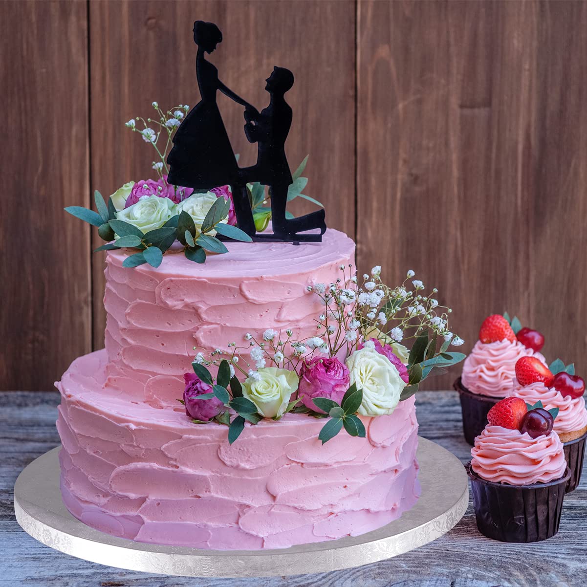 Silver Cake Drum Round 14 Inch Cake Boards with 1/2-Inch Thick Smooth Edges for Multi Tiered Birthday Wedding Party Cake Drums Board