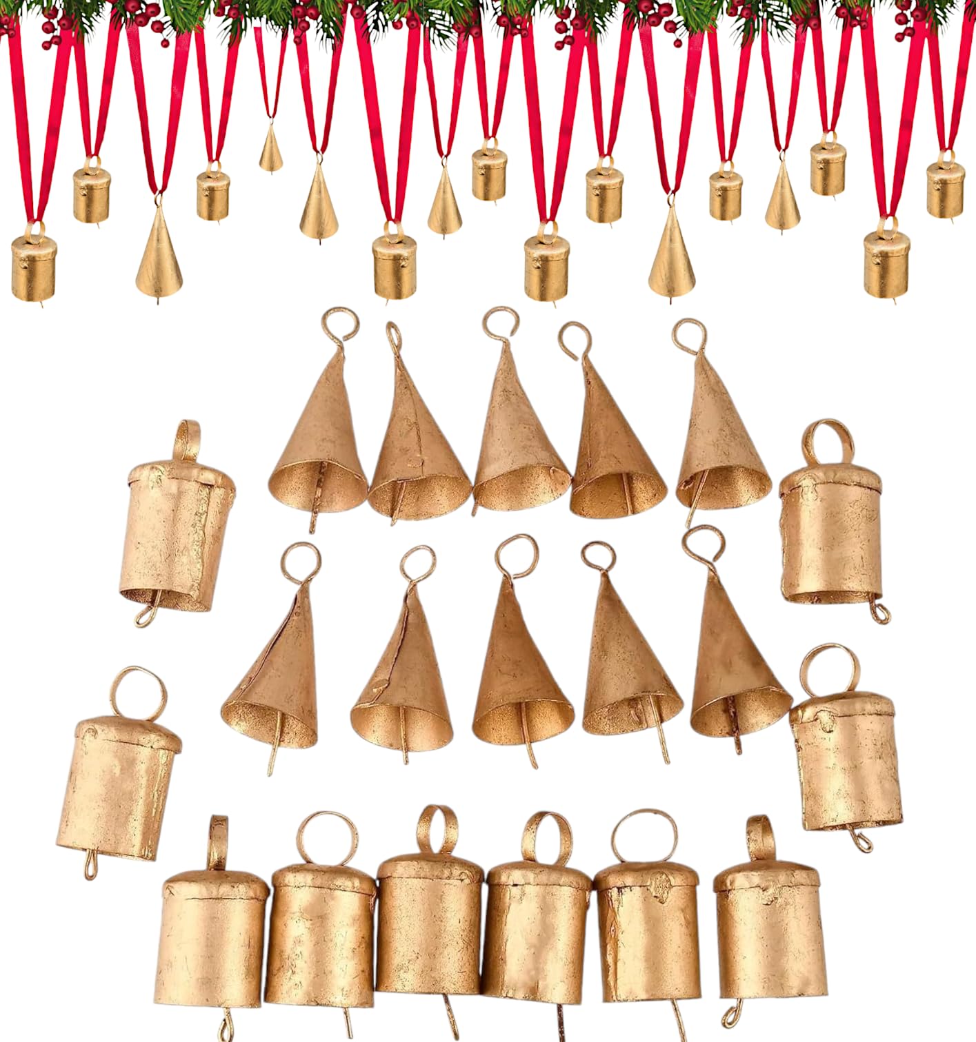Set of 20 Christmas Bells for Decoration - Small Jingle Bells, Witch Bells, and Indian Tin Bells for Rustic Chimes and Christmas