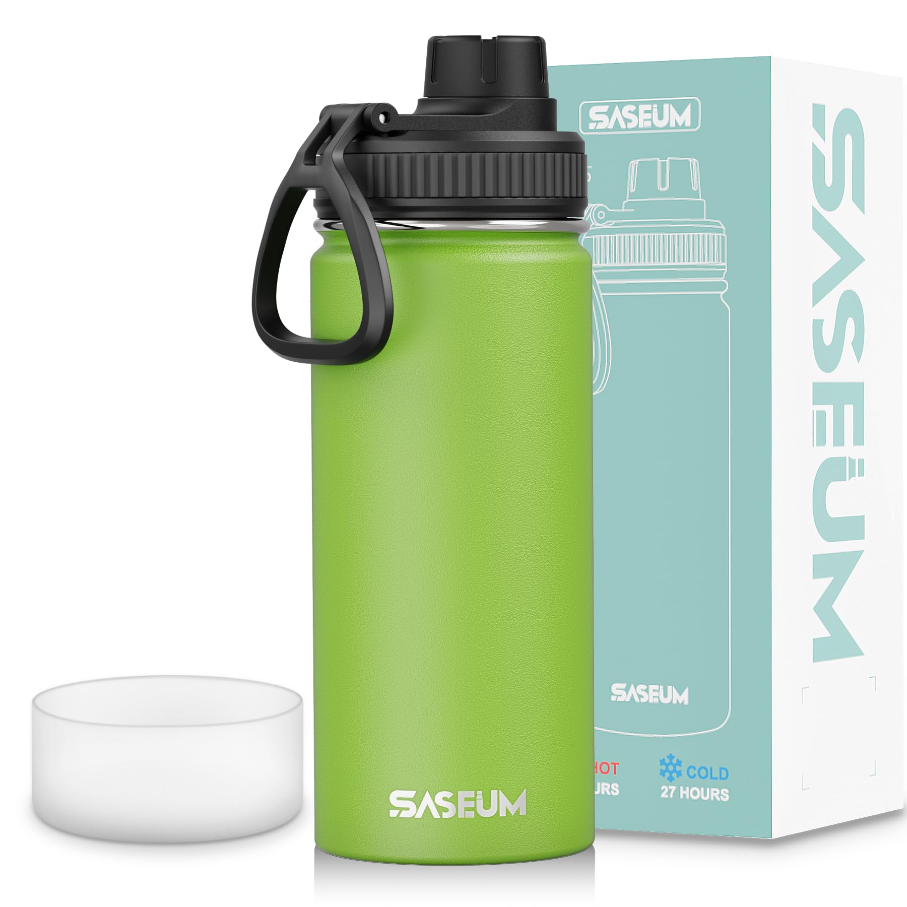 SASEUM Kids Sport Water Bottle 16oz Stainless Steel Double Wall Vacuum Thermal Mug with Leak Proof Spout Lids, Wide Mouth Metal 