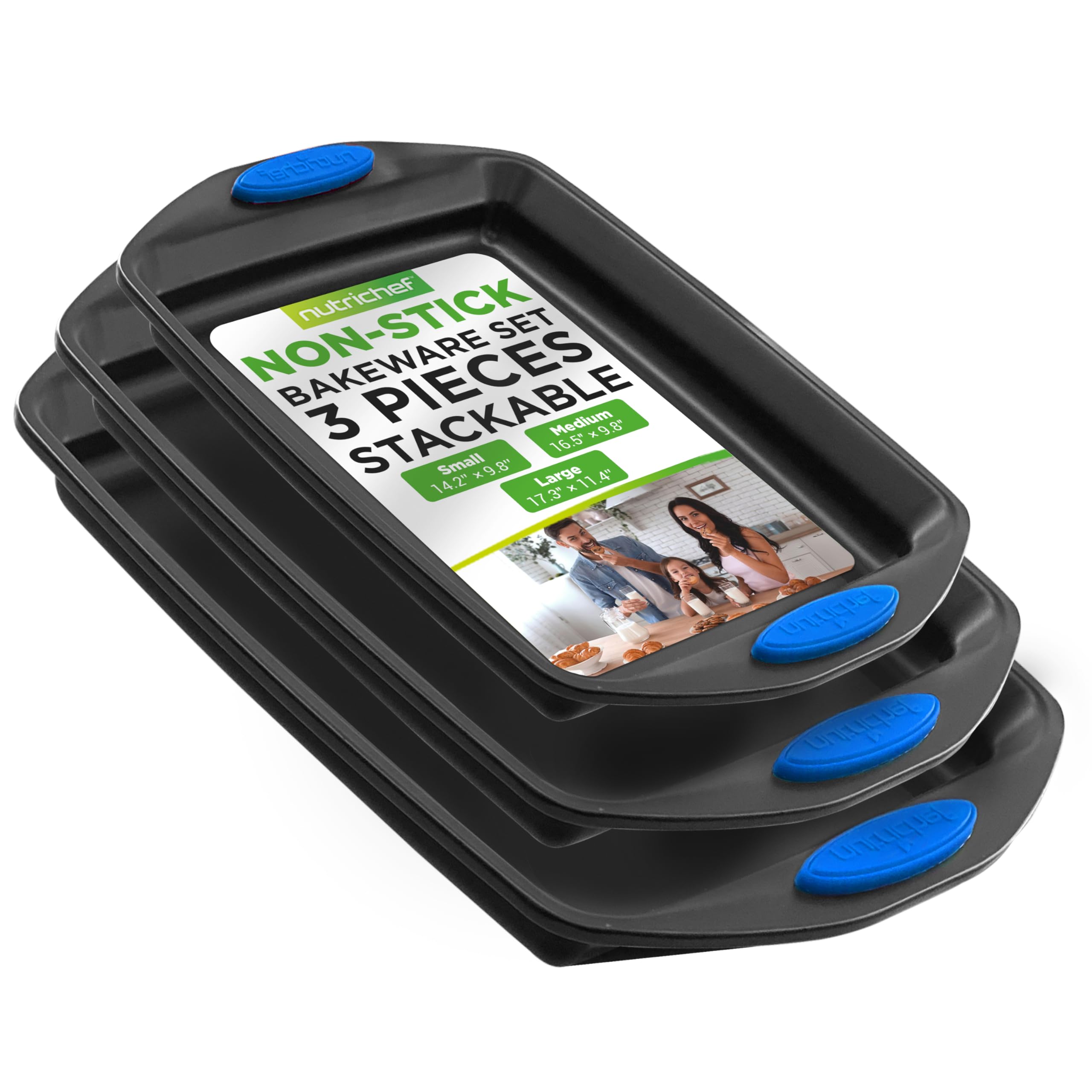 Nutrichef 3-Piece Baking Pan Set - Premium Nonstick Carbon Steel Bakeware W/ Silicone Handles - Includes Large, Medium, & Small