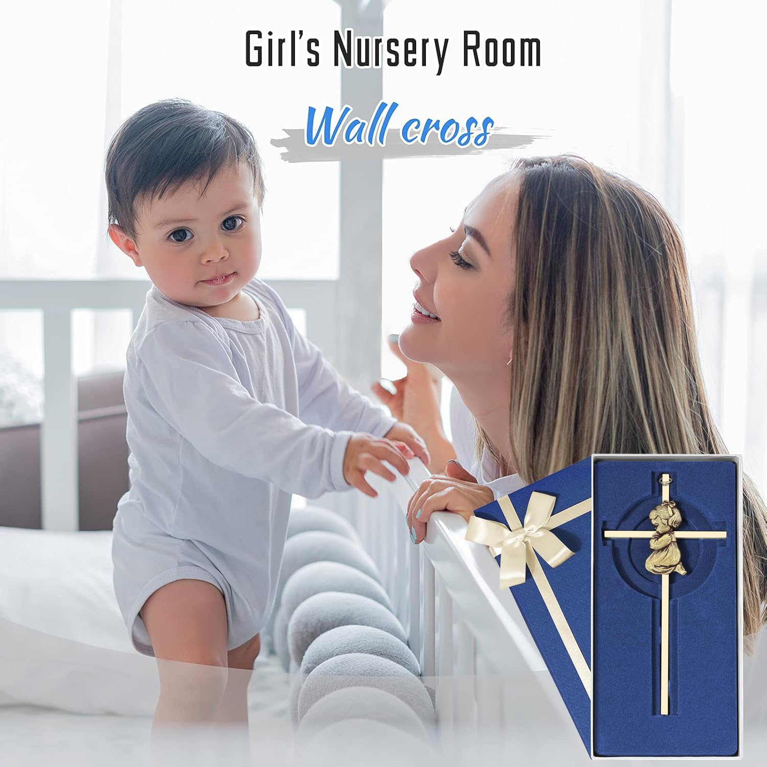 Tryuunion Baby Wall Cross Baptism and Christening Gifts for Girl, 7-inch Olive Golden Blessing Catholic Girl Baptism Crosses for