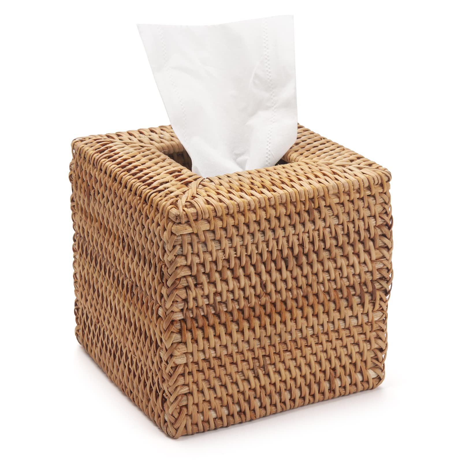 Rattan Tissue Box Cover Natural Woven Facial Napkin Holder Square (Natural, 5.5X5.5X5.9 Inch)