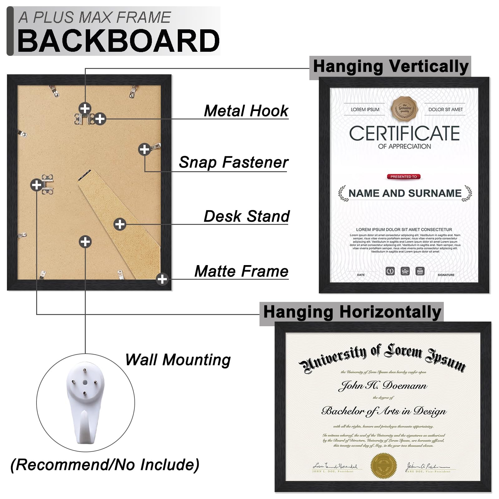 A PLUS MAX Black 8.5 x 11 Frame Set of 5, Engineered Wood Frame with Wood-grain for Display 8.5 by 11 Document Award Certificate