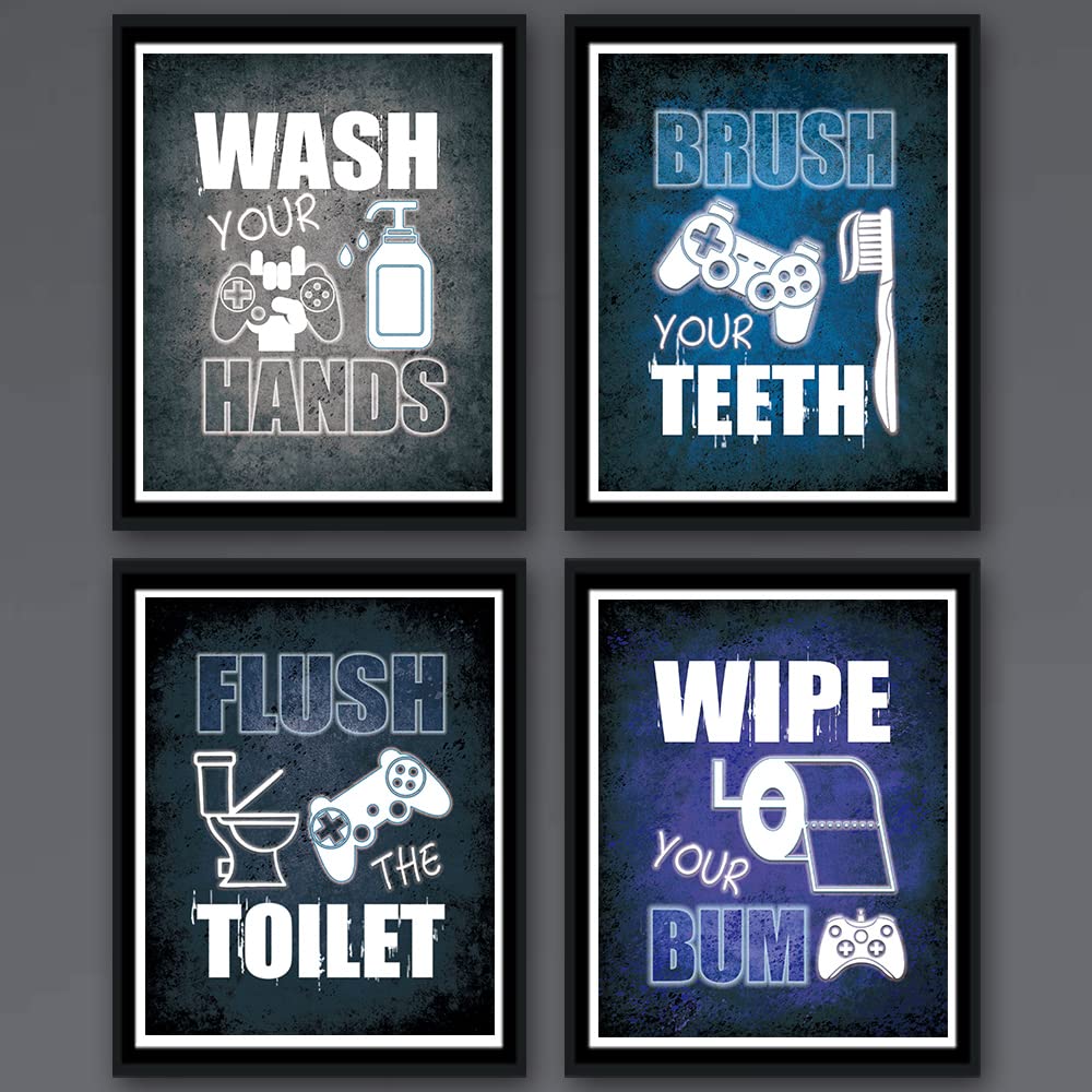 Suuura-Oo Cool Video Game Bathroom Decor Art Print Set Of 4 (8''X10''), Game Themed Bathroom Painting, Bathroom Sign Art Picture