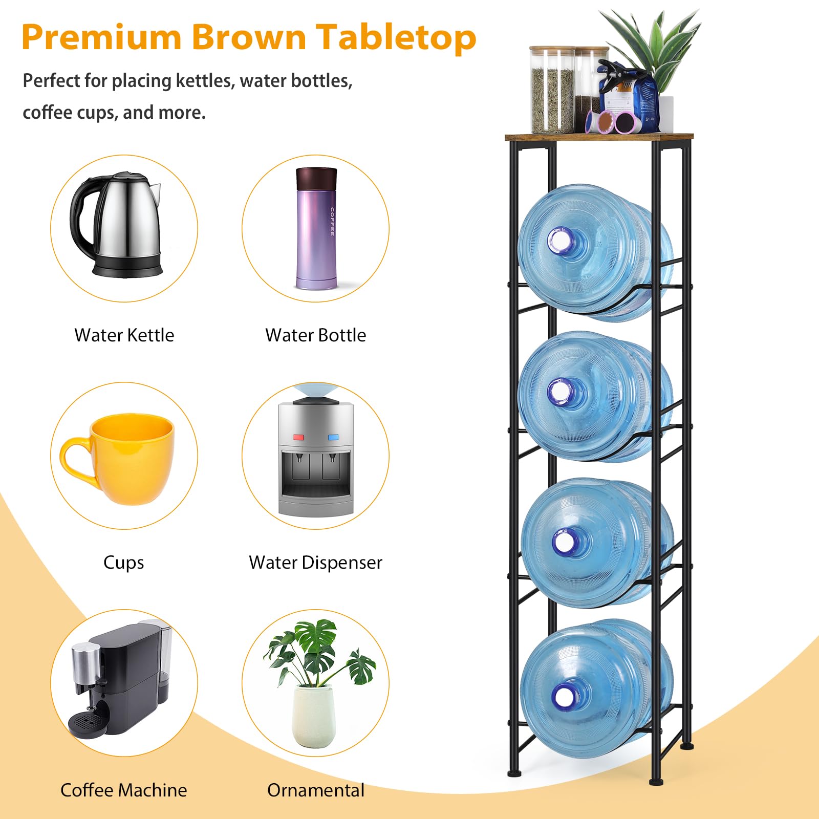 Vrisa 5 Gallon Water Jug Holder 4-Tier Water Bottle Holder Water Jug Stand With Storage Shelf Water Gallon Rack Organizer For Ho