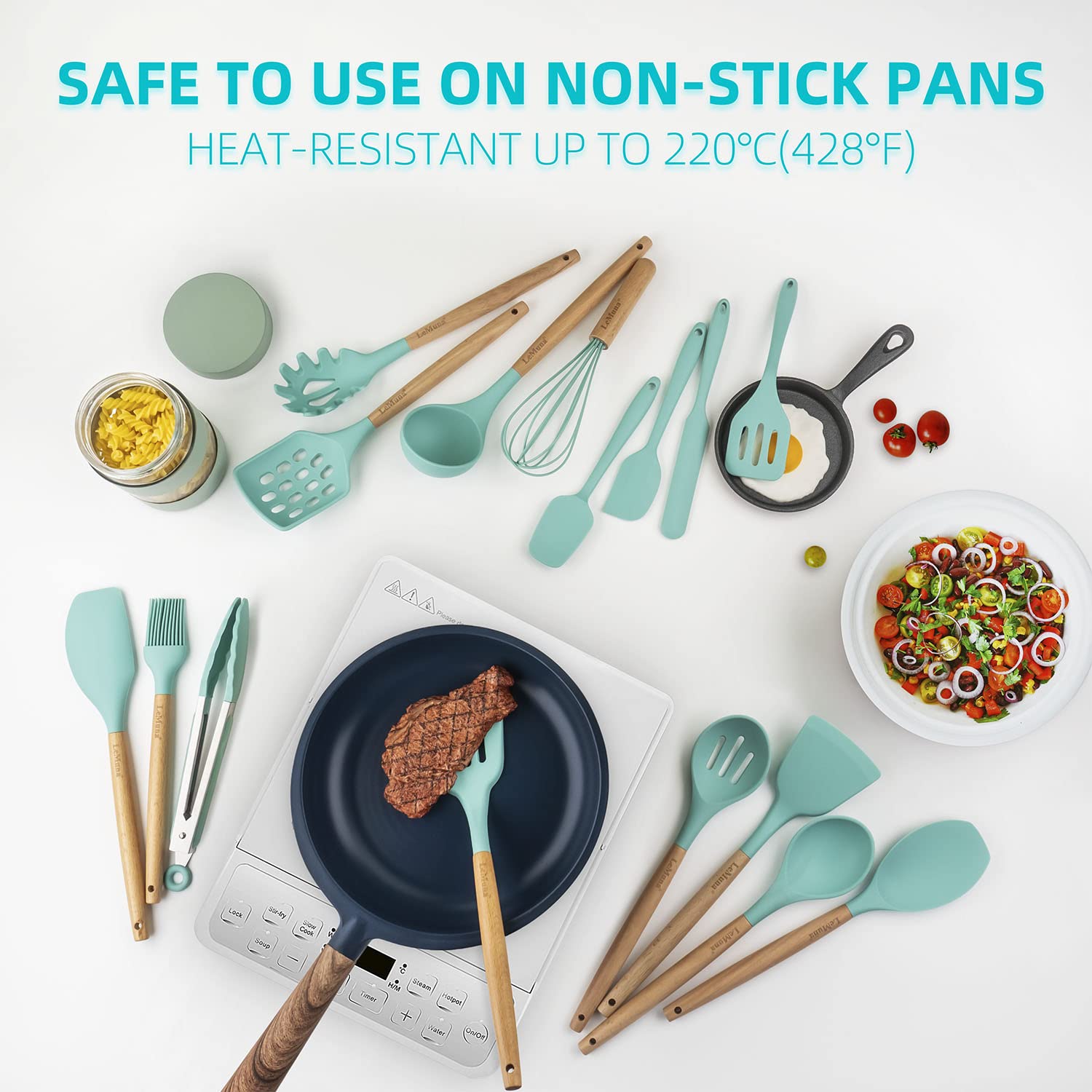 Lemuna Cooking Utensils Set, 18Pcs Kitchen Silicone Utensils, Heat Resistant Non Toxic & Bpa-Free With Holder & Wooden Handle, H